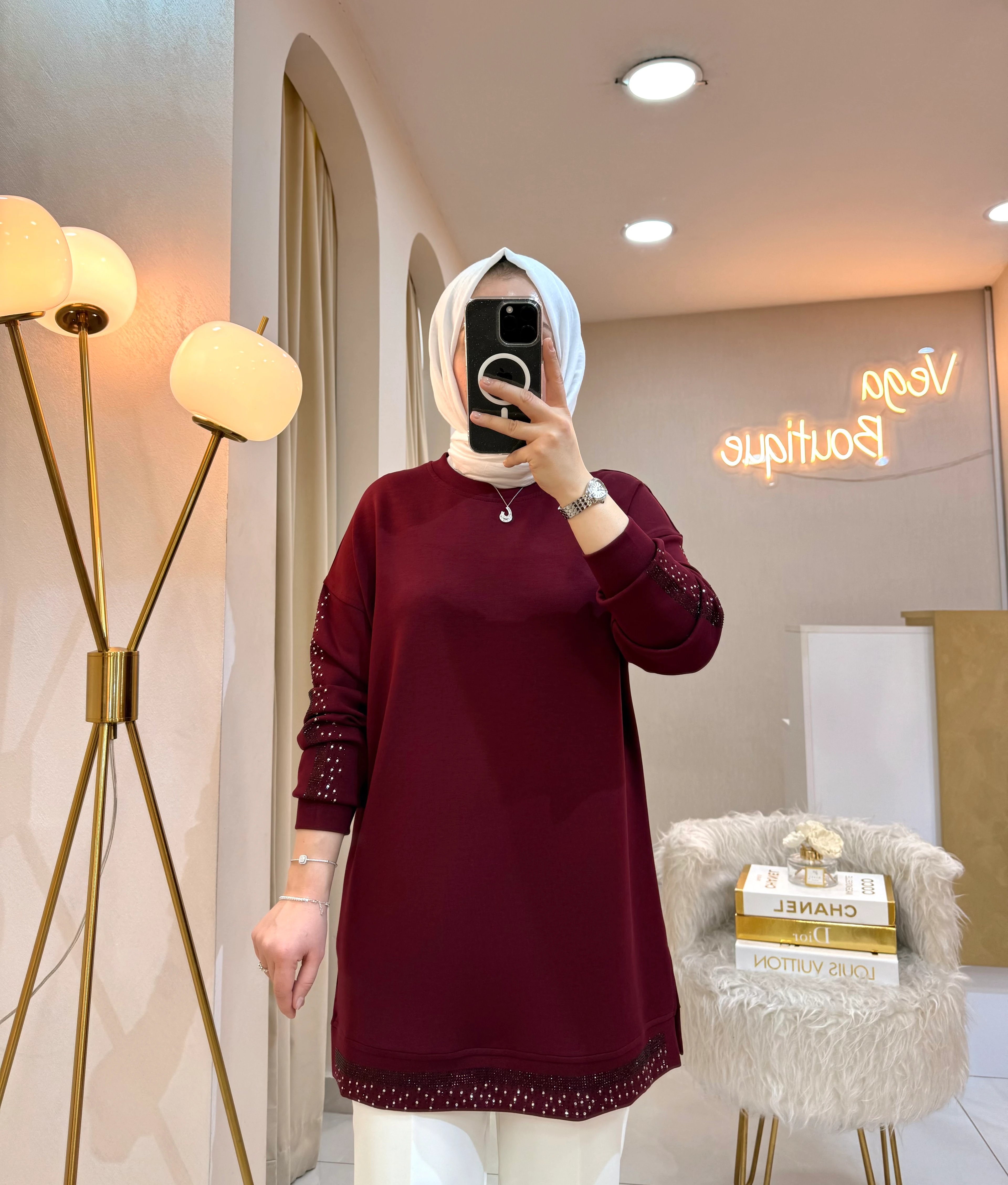 Sıra Taşlı Sweat Bordo