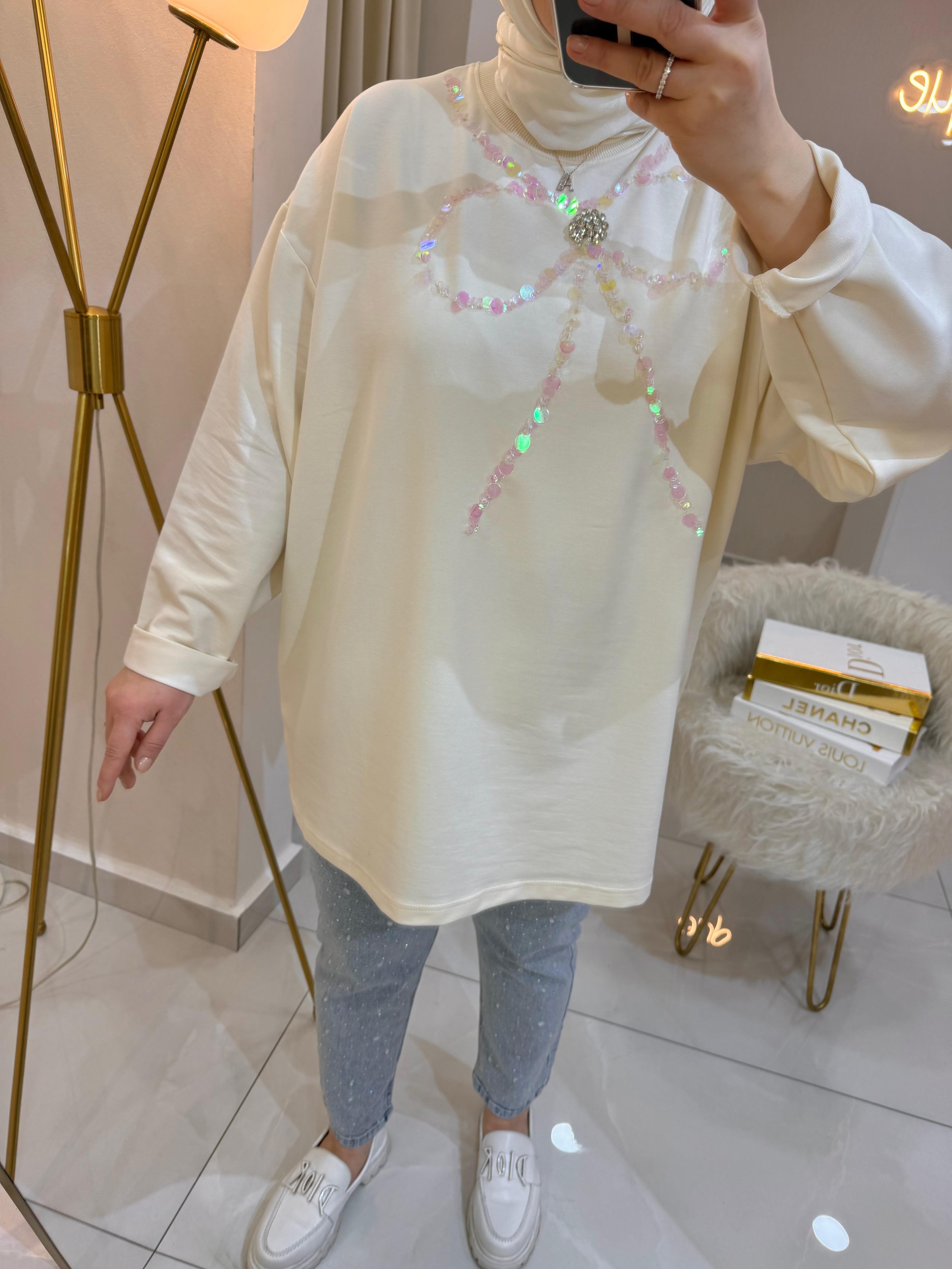 Kurdele Taşlı Sweat Ekru