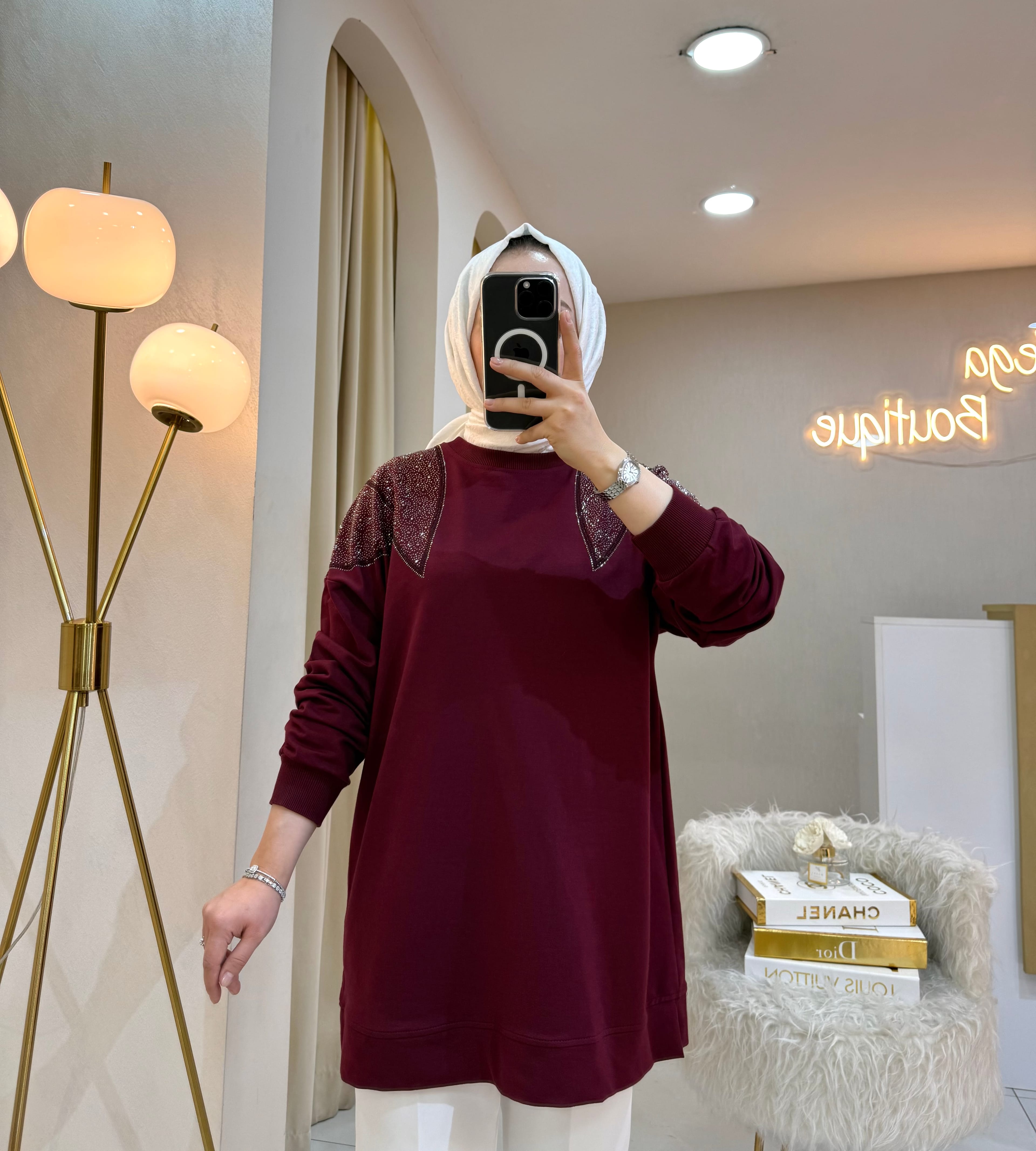Omzu Taşlı Sweat Bordo