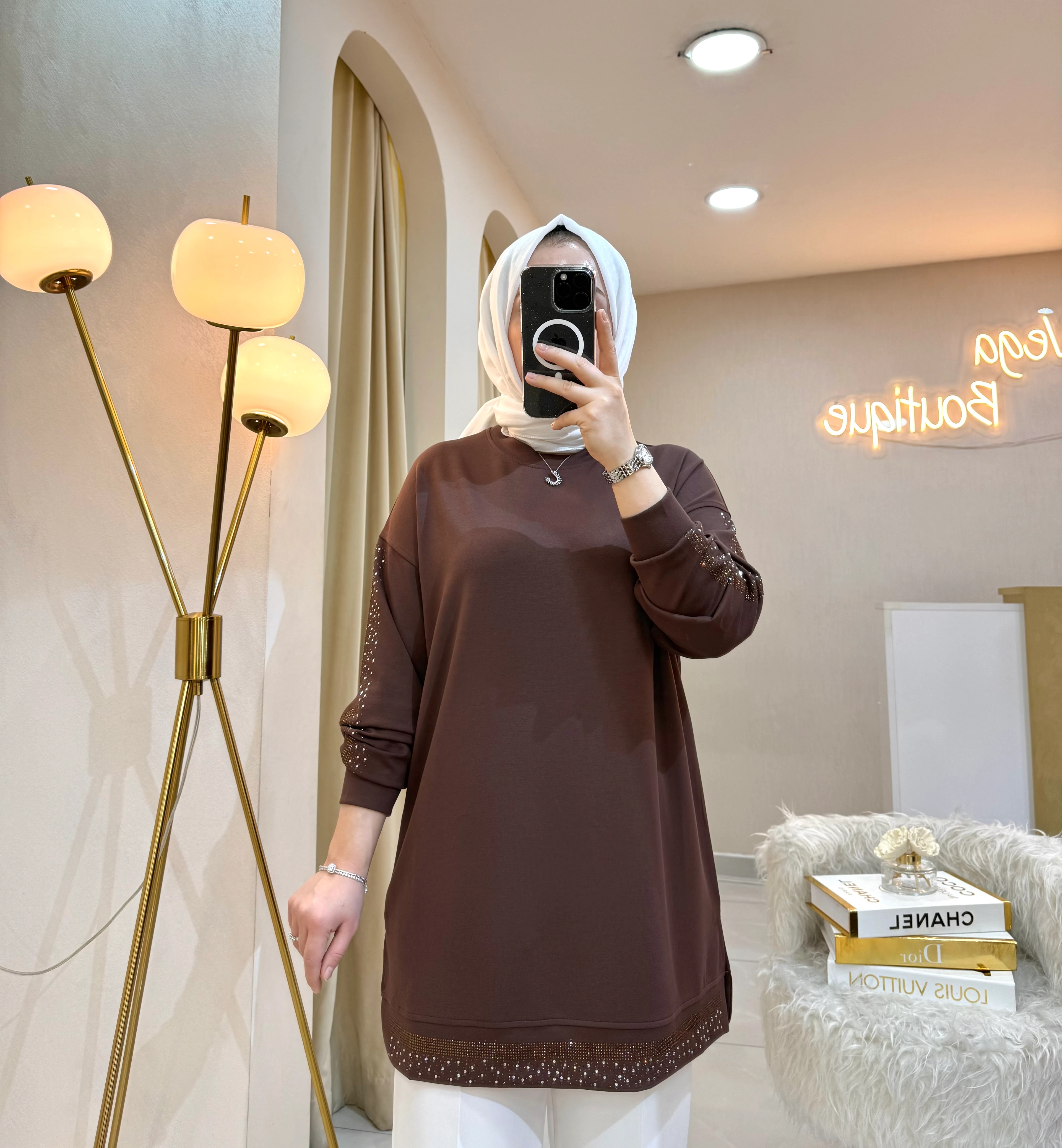 Sıra Taşlı Sweat Kahve