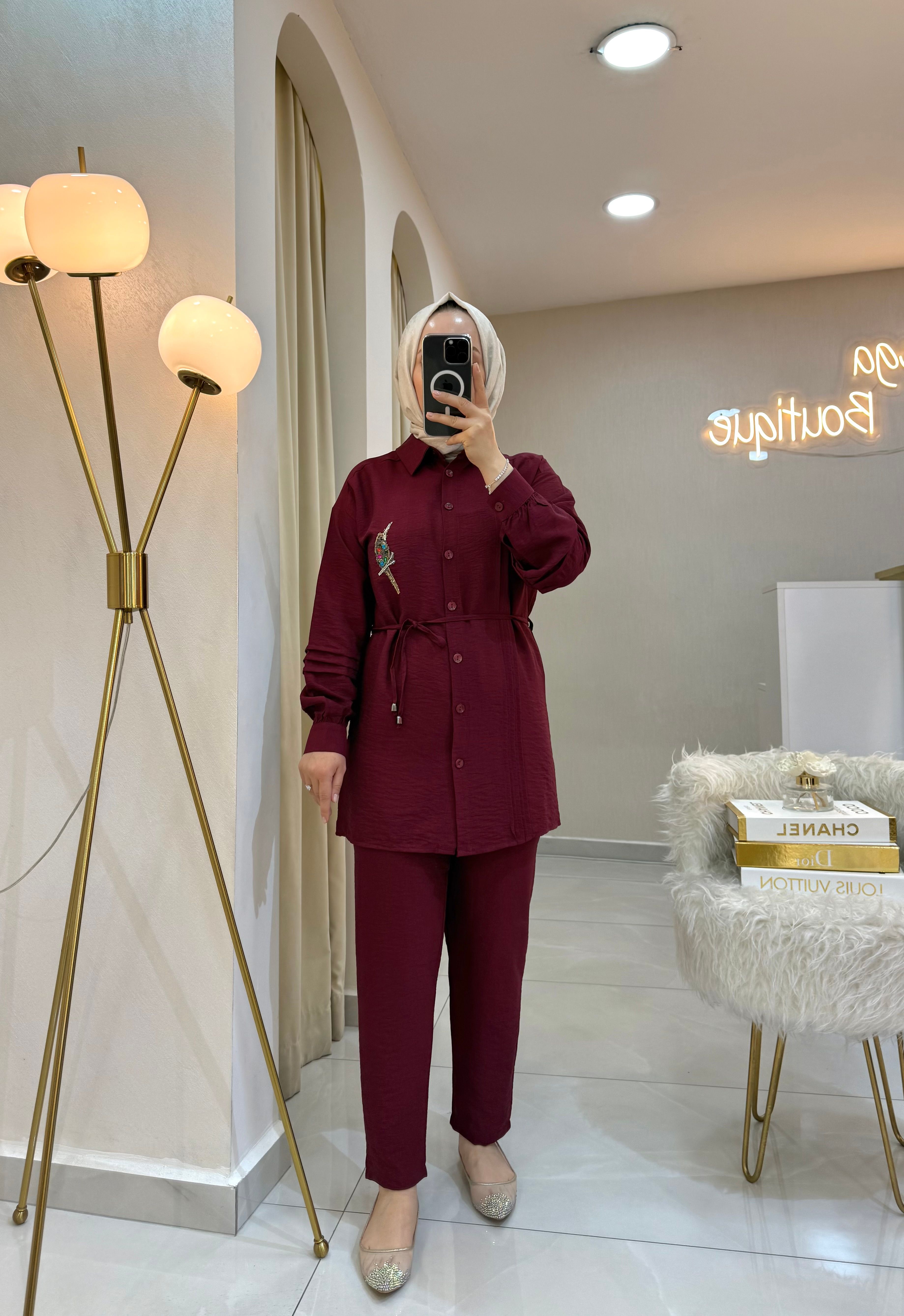 Kuş Detaylı Takım Bordo