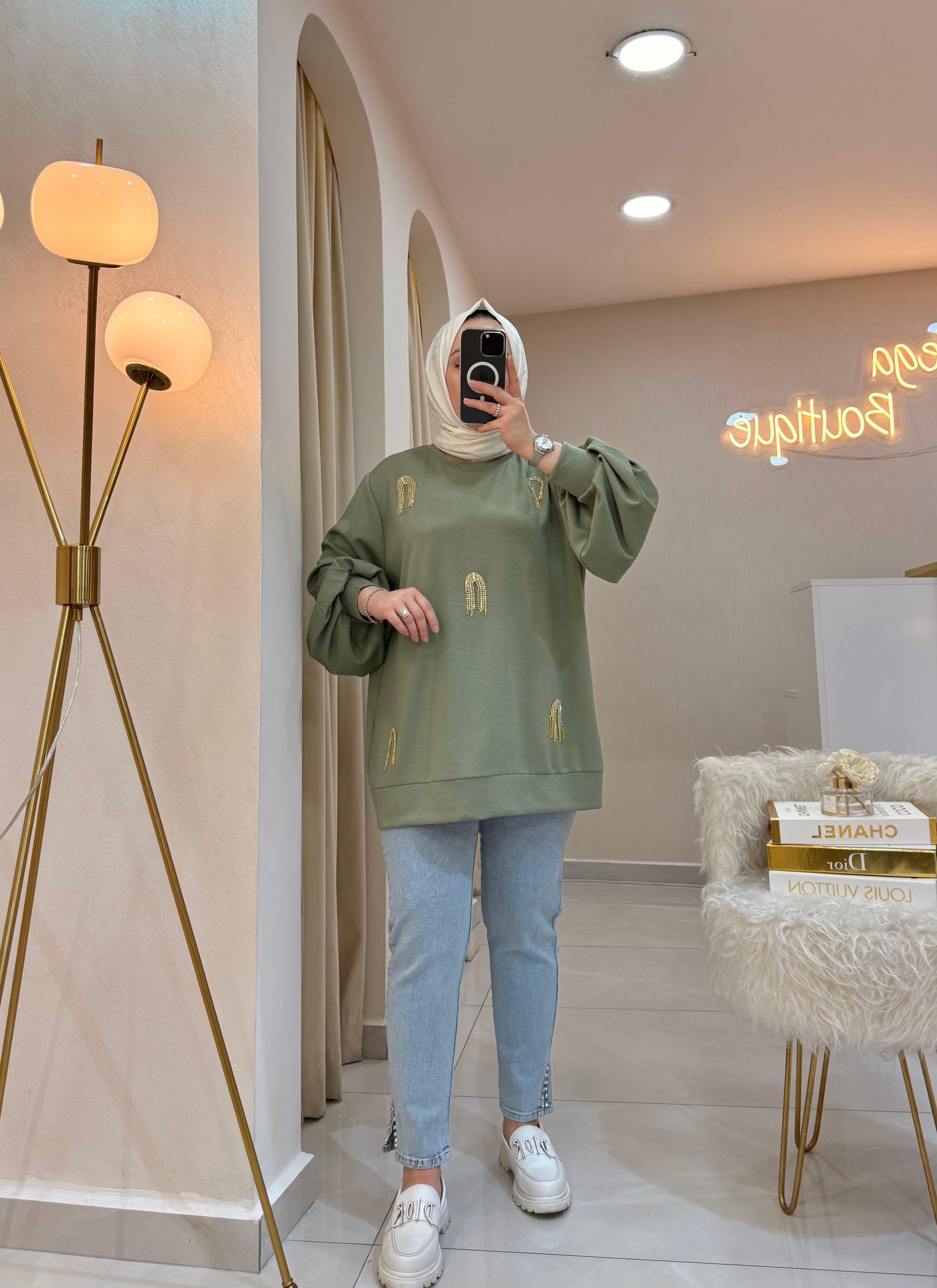 Püskül Taşlı Balon Kol Sweat