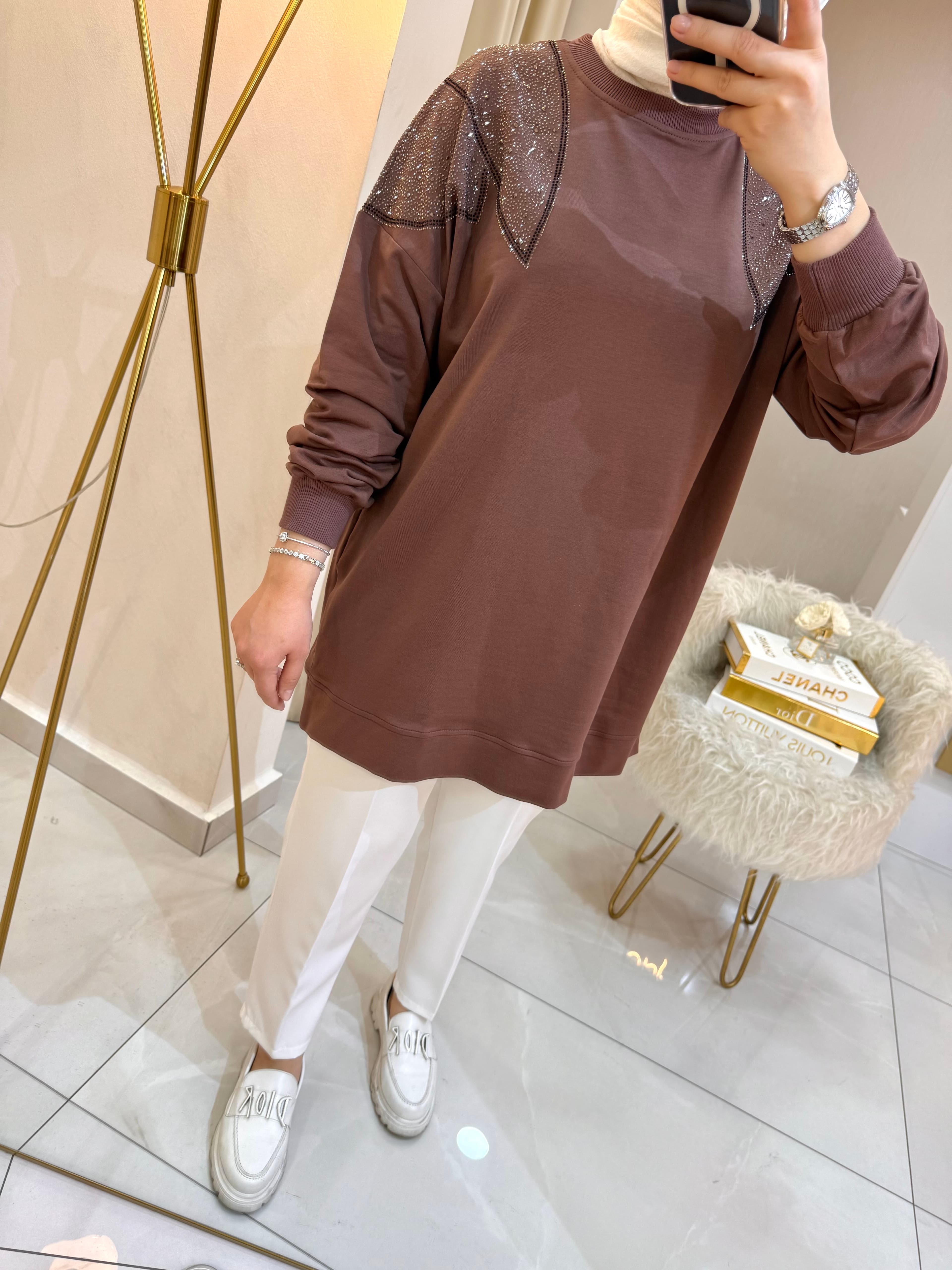 Omzu Taşlı Sweat Kahve