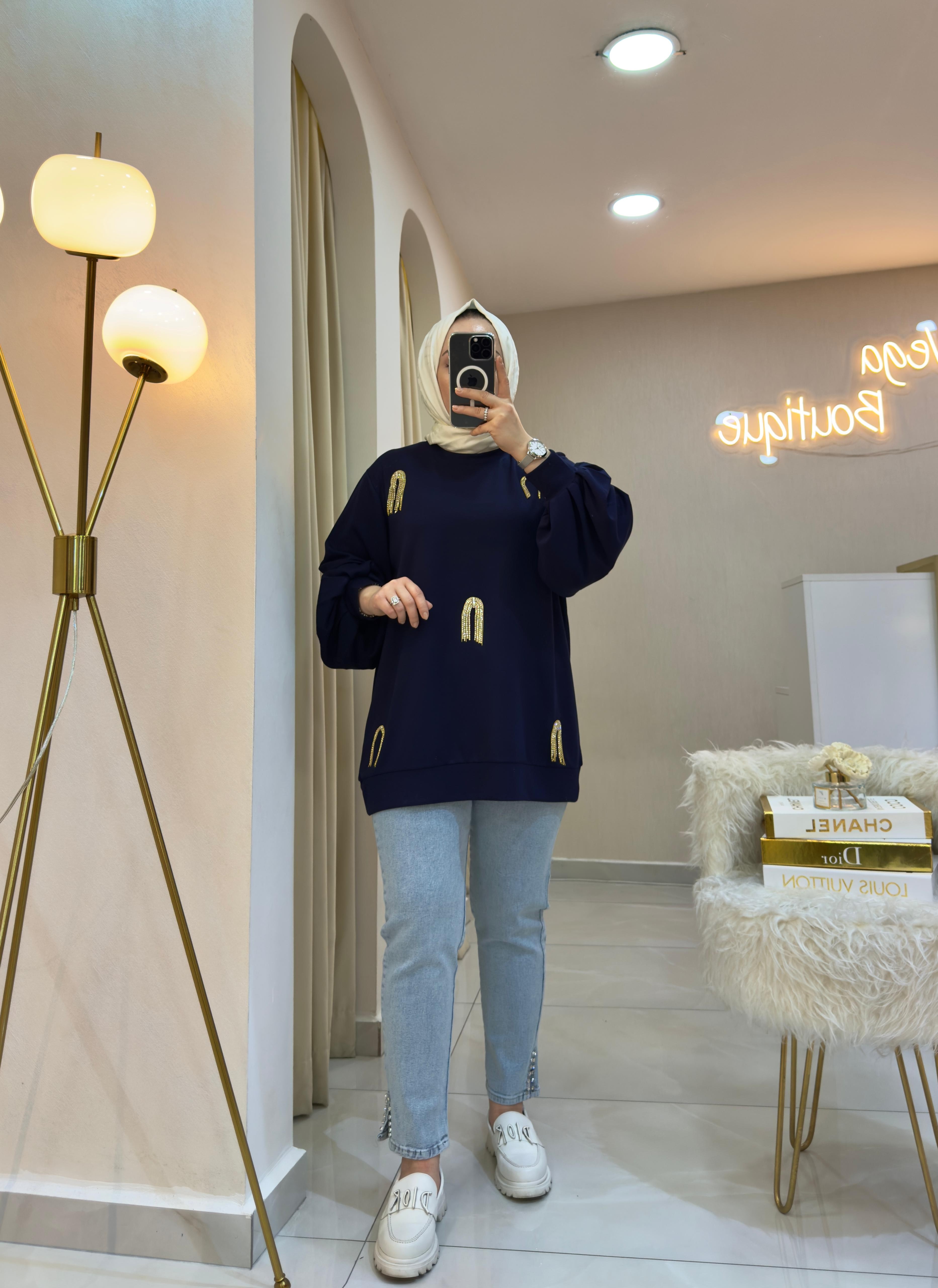 Püskül Taşlı Balon Kol Sweat Laci