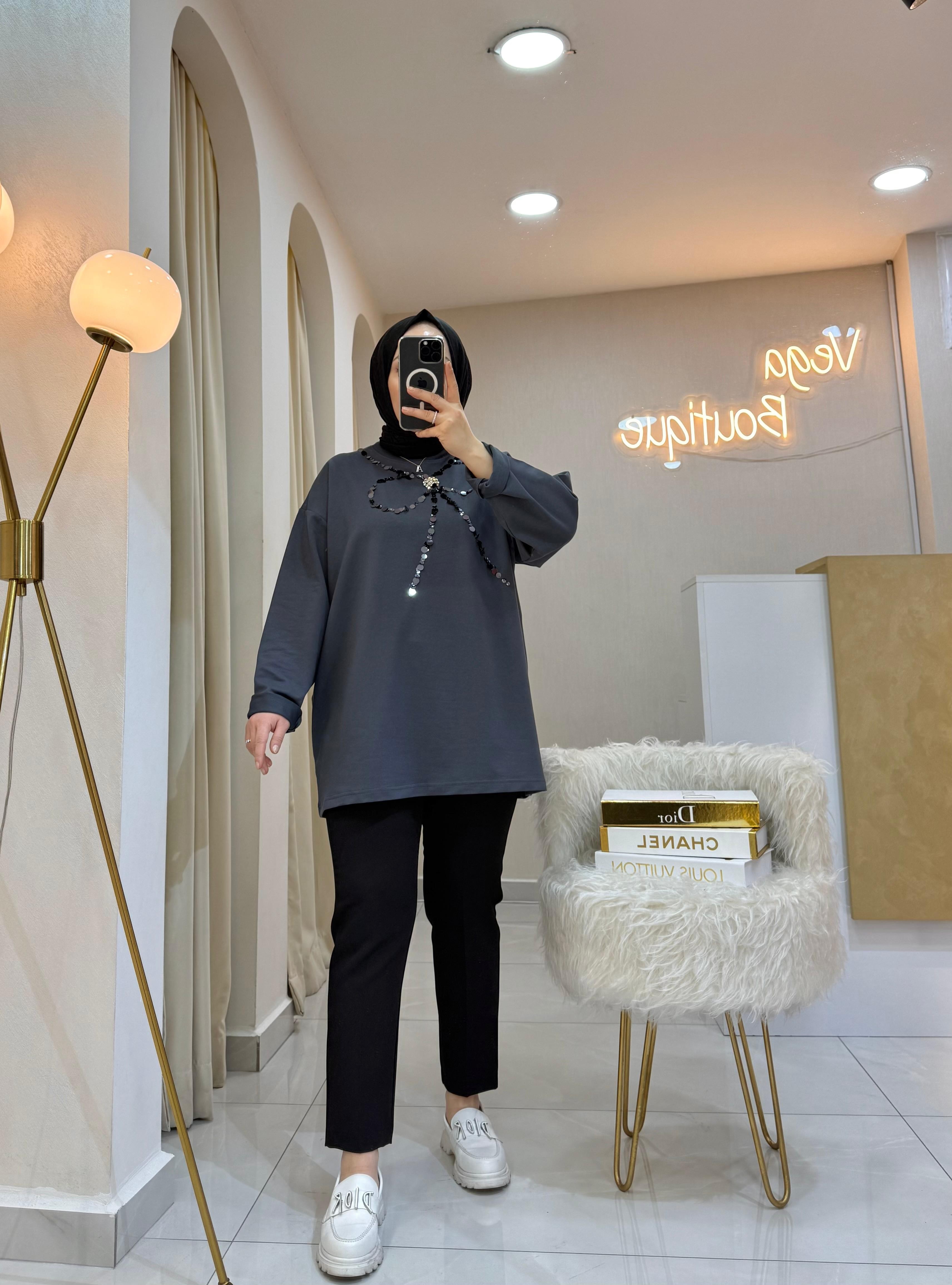 Kurdele Taşlı Sweat Füme