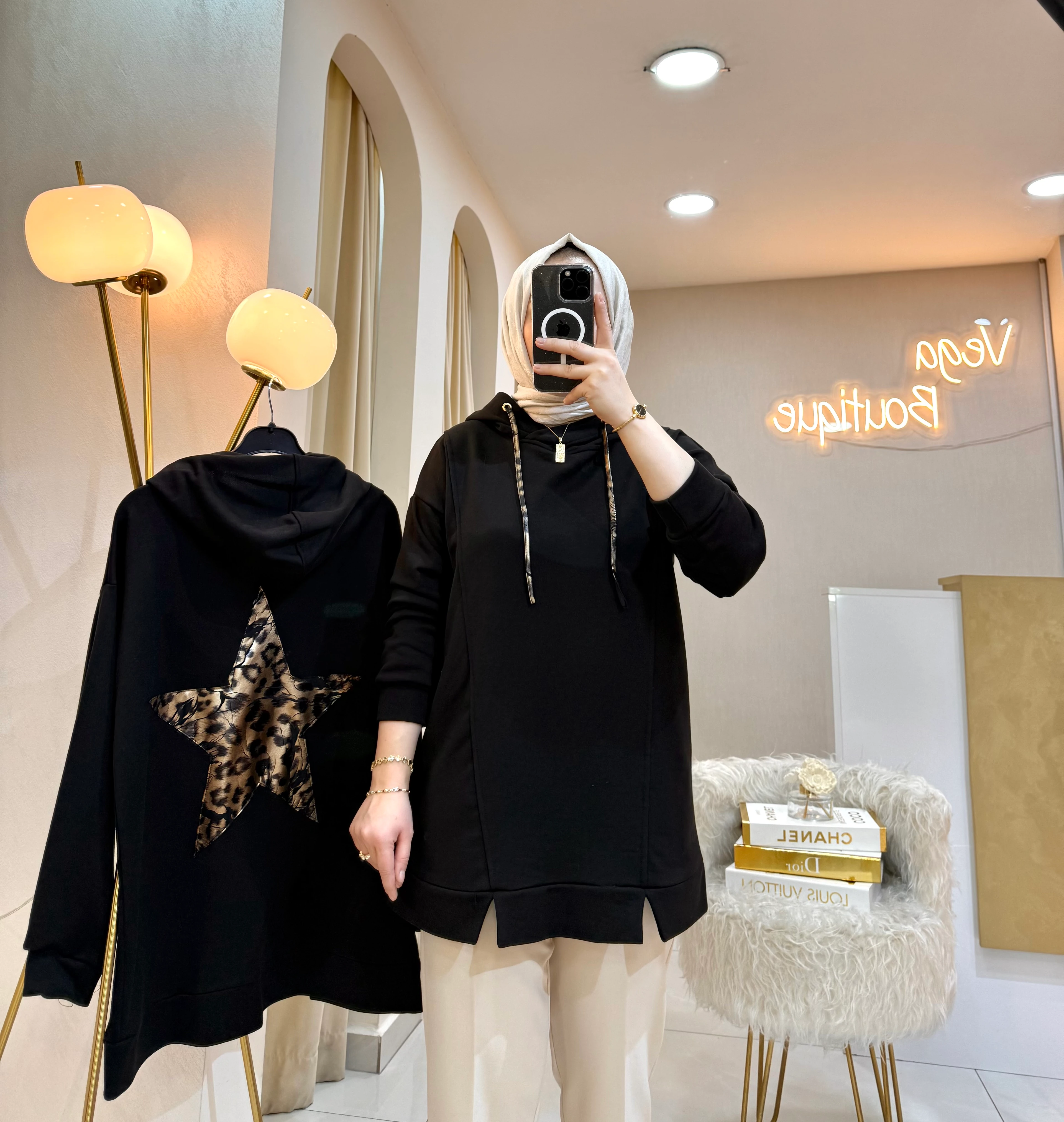 Leopar Yıldızlı Sweat Siyah