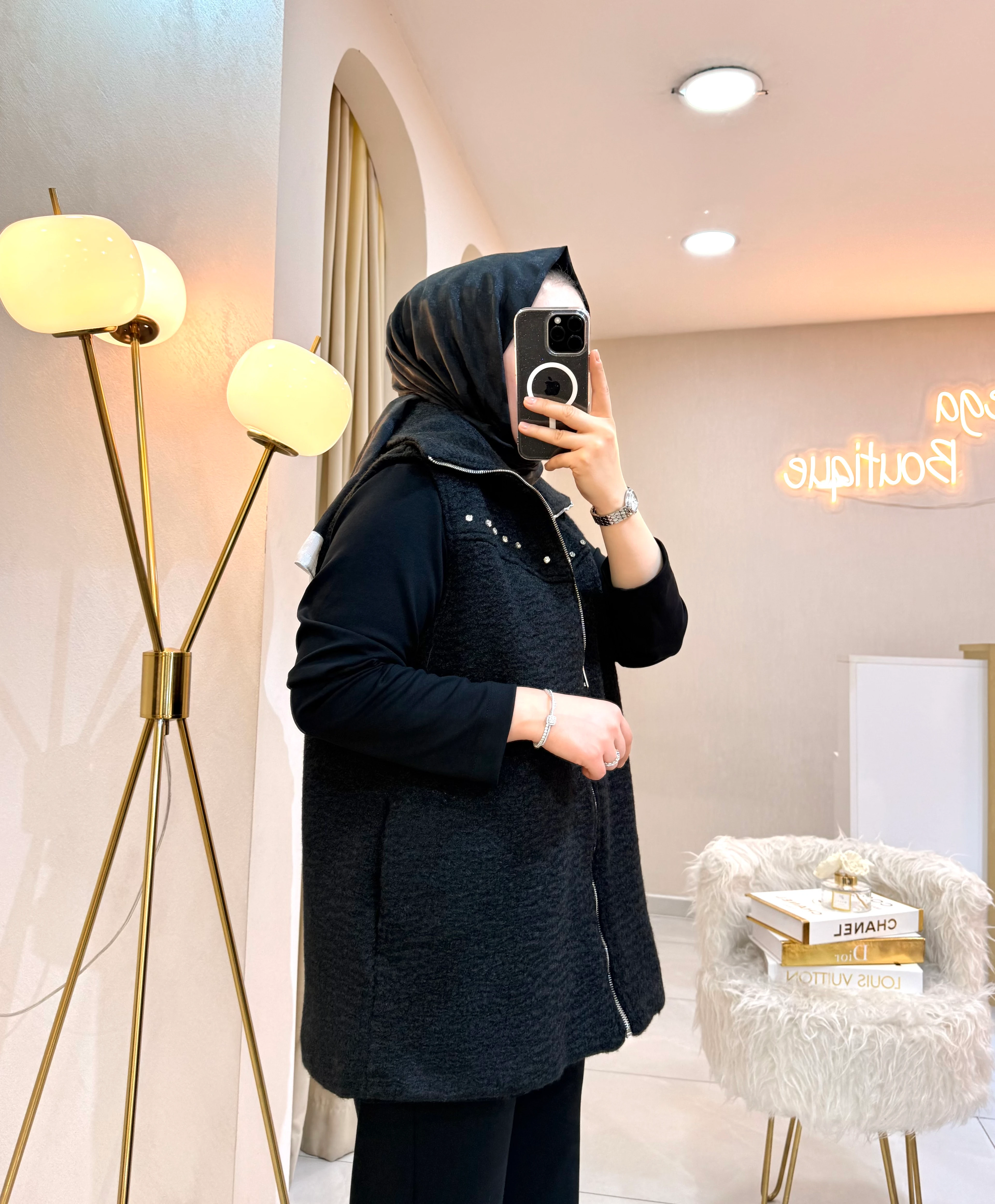 Taş Detaylı 3'lü Yelekli Takım Siyah