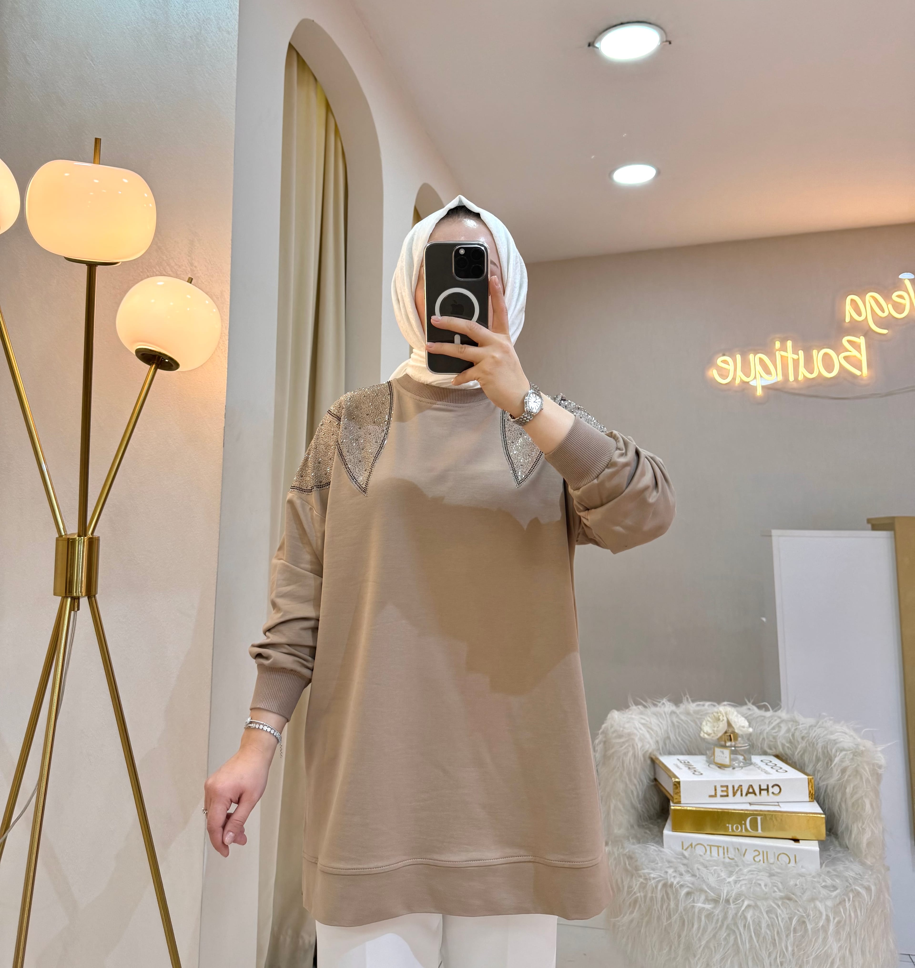 Omzu Taşlı Sweat Vizon