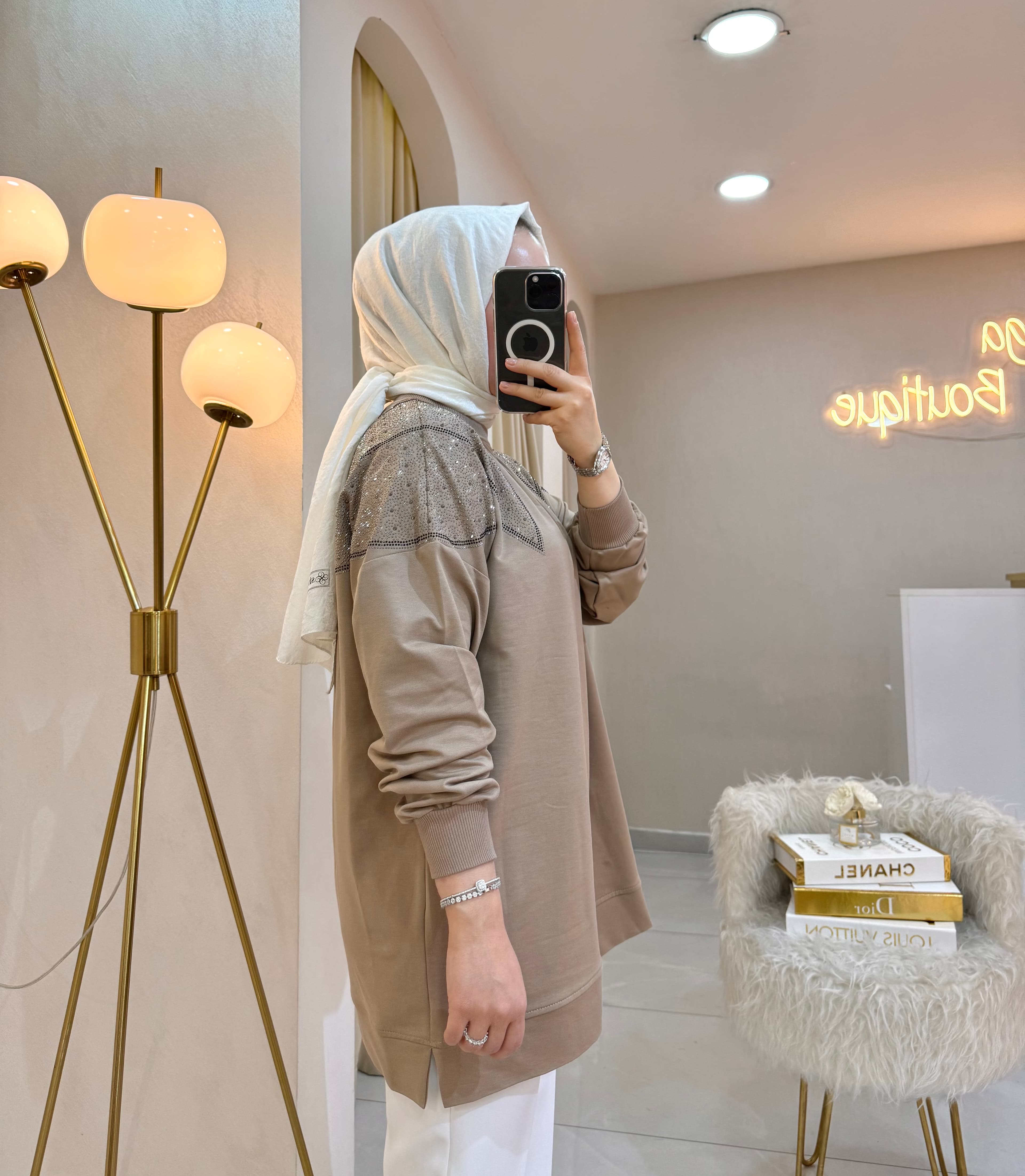 Omzu Taşlı Sweat Vizon