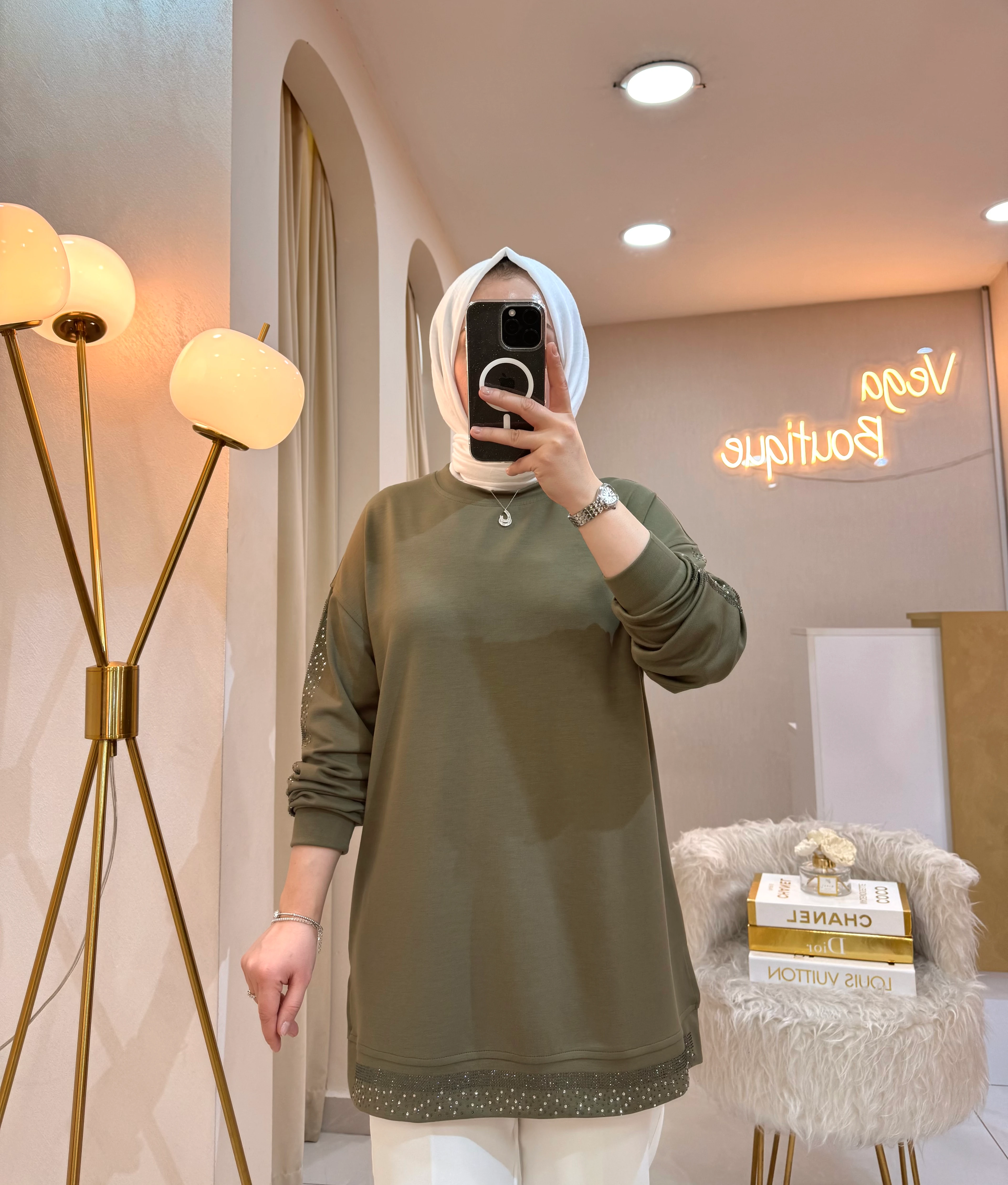 Sıra Taşlı Sweat Yeşil