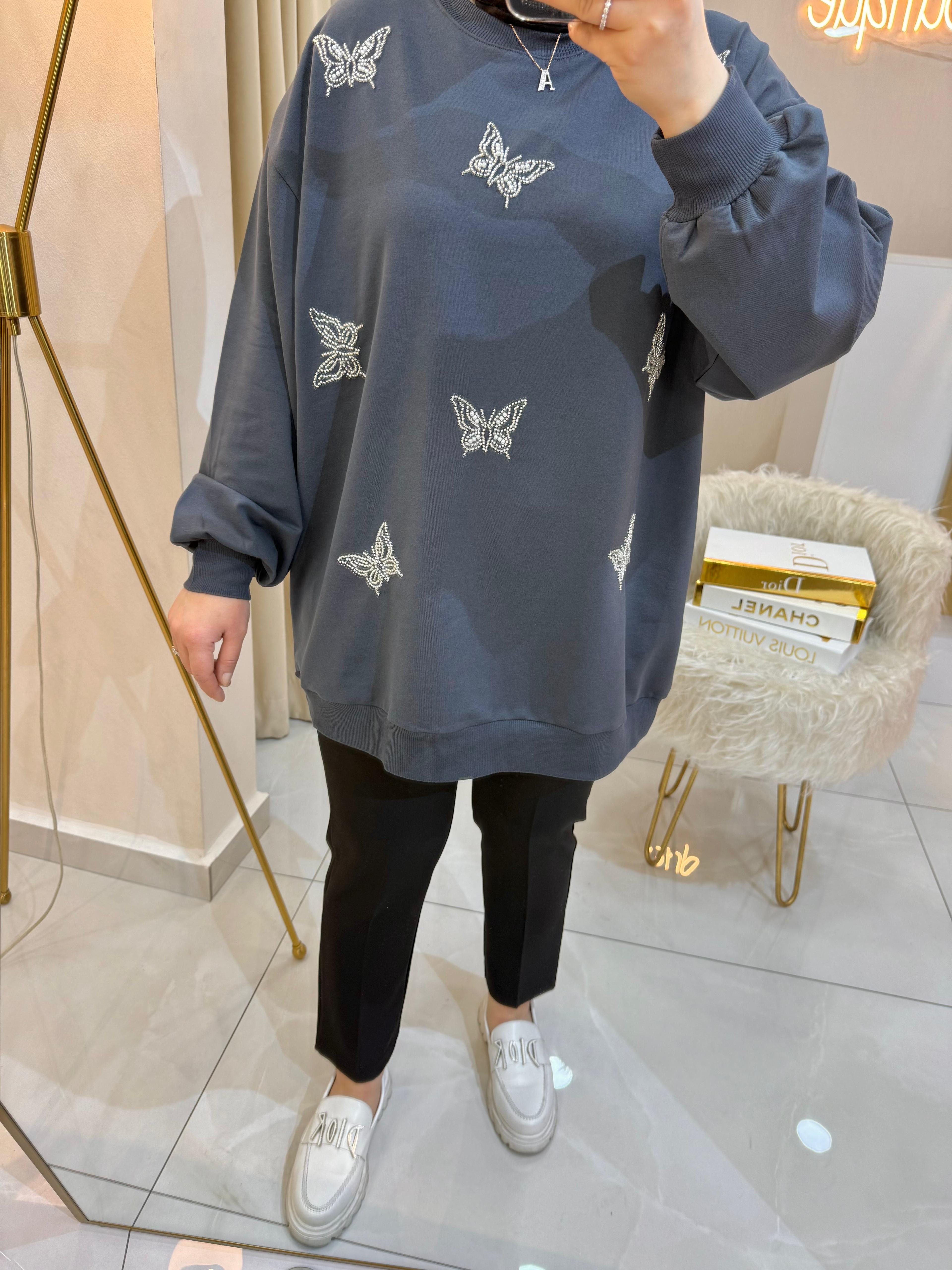 Kelebek Boncuklu Sweat Füme