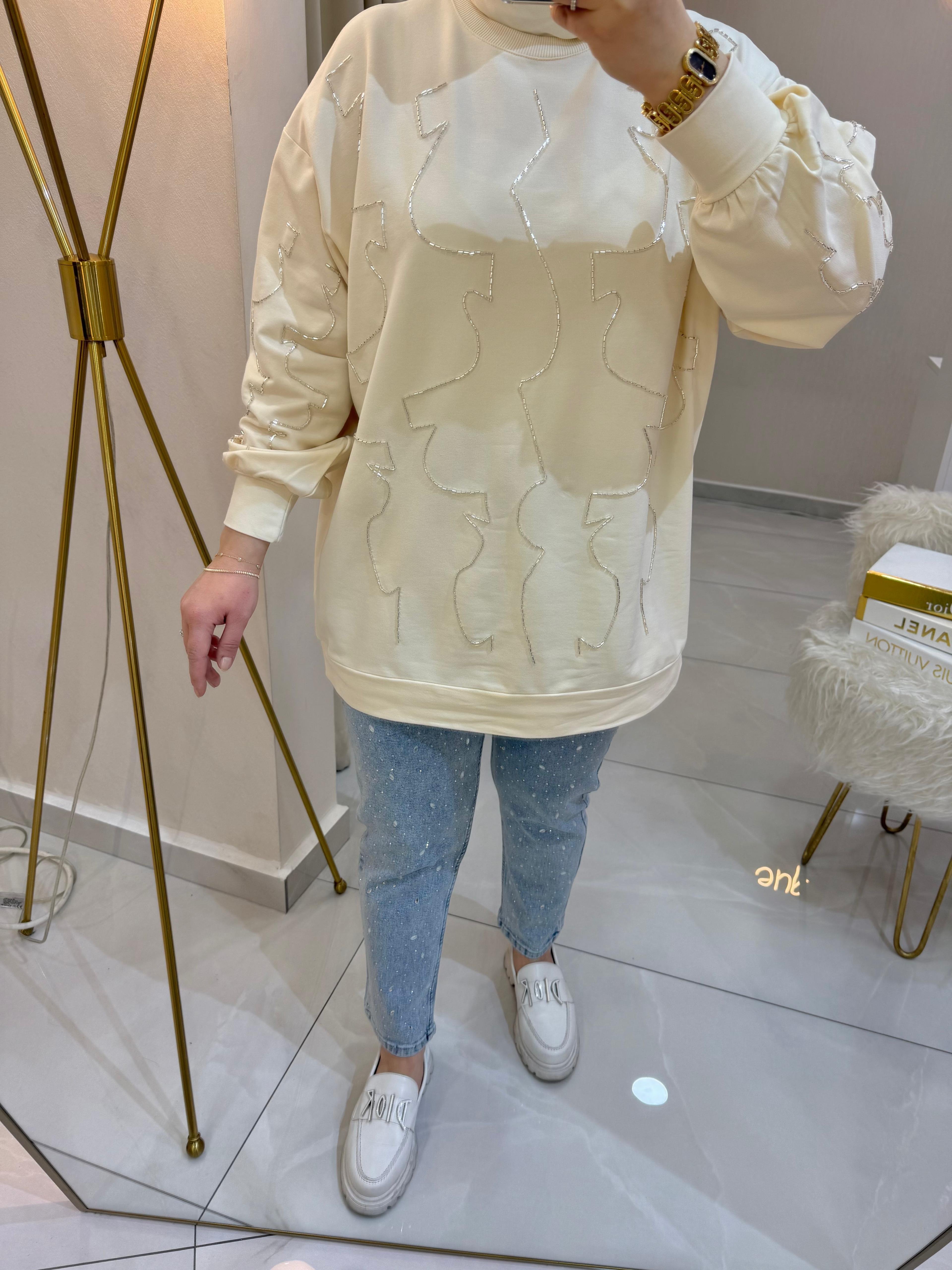Boncuklu Sweat Ekru