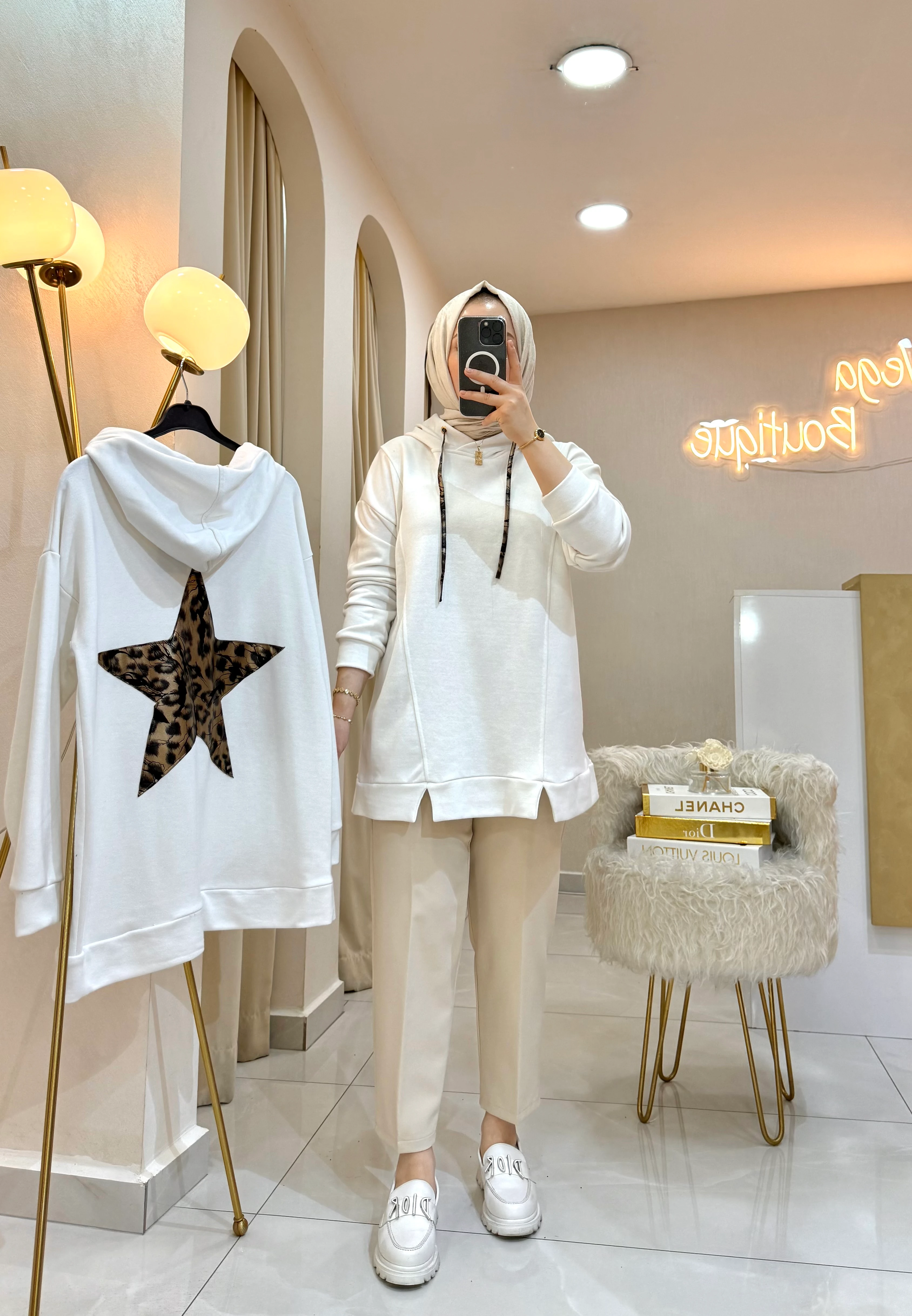 Leopar Yıldızlı Sweat Ekru