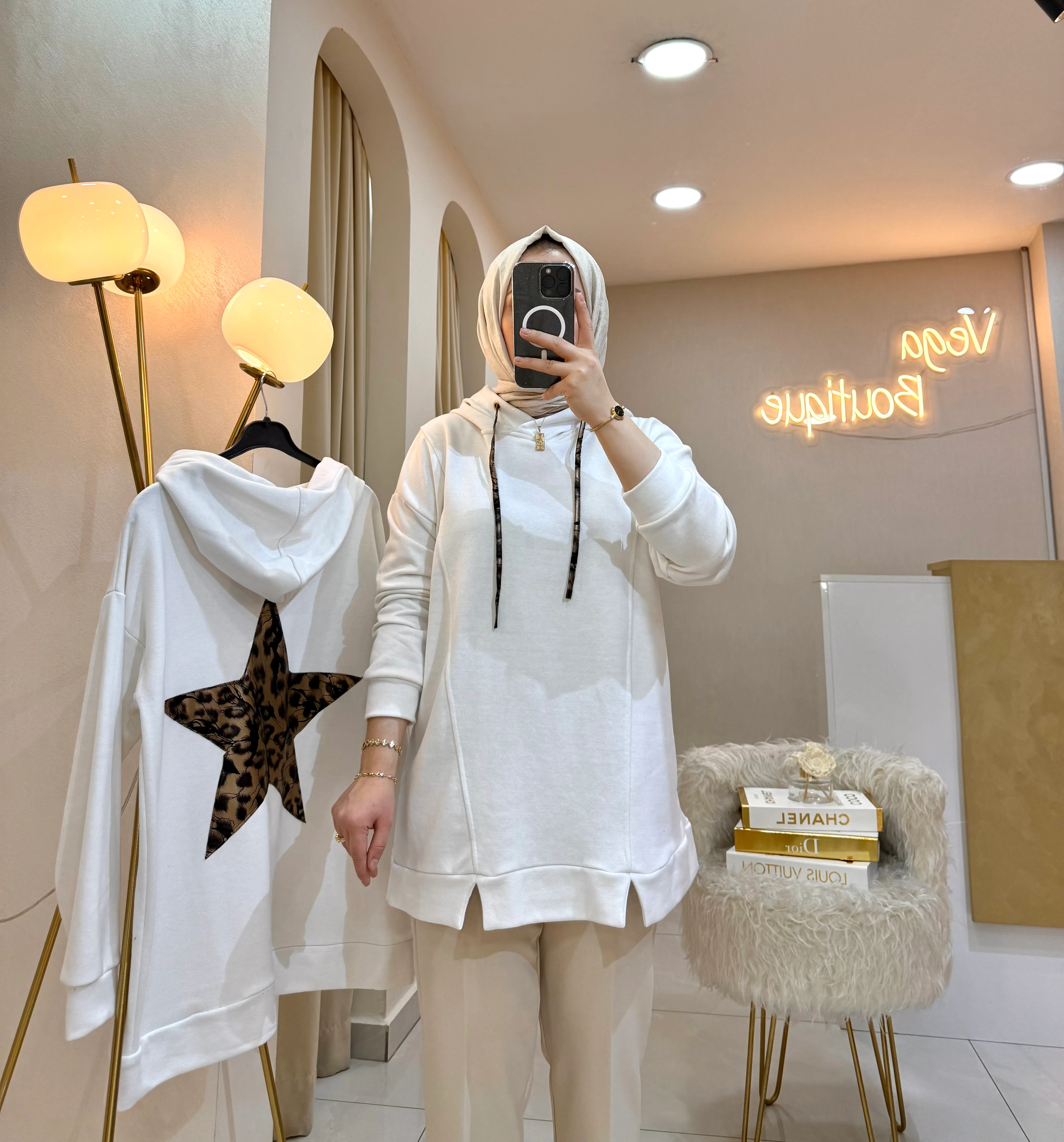 Leopar Yıldızlı Sweat Ekru