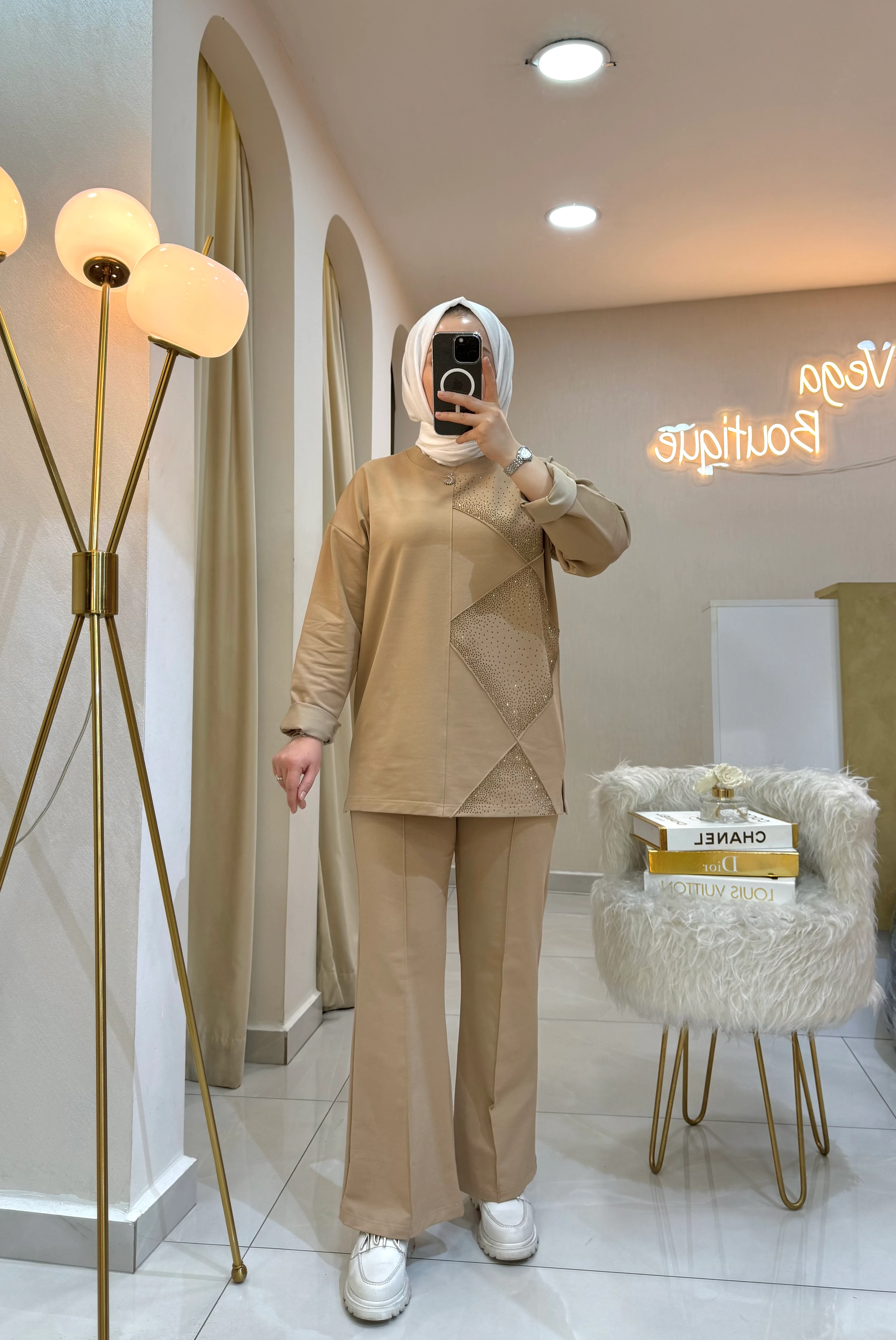 Parıltılı Takım Açık Kahve