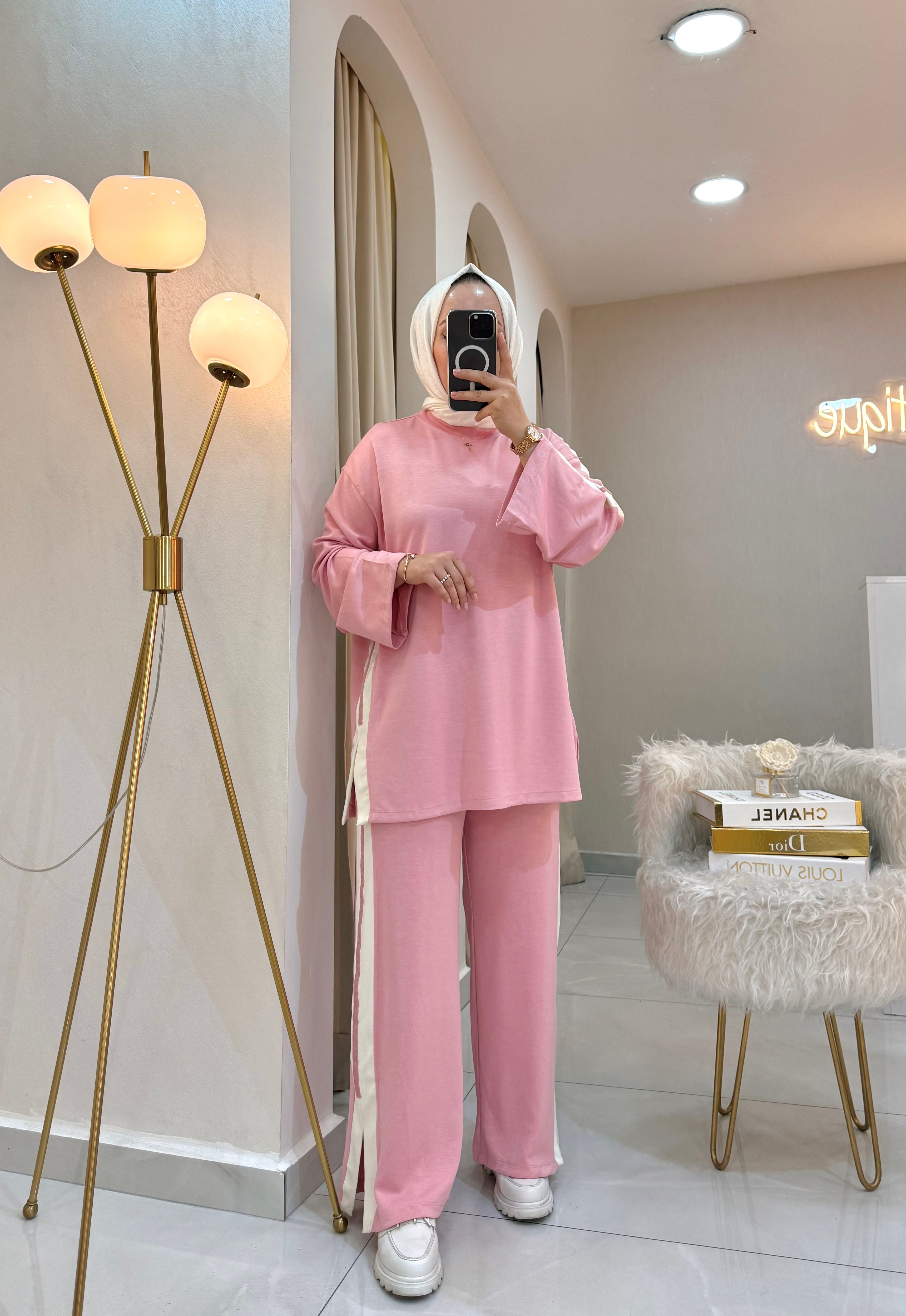 Kontrast Garni Detaylı Takım Pembe