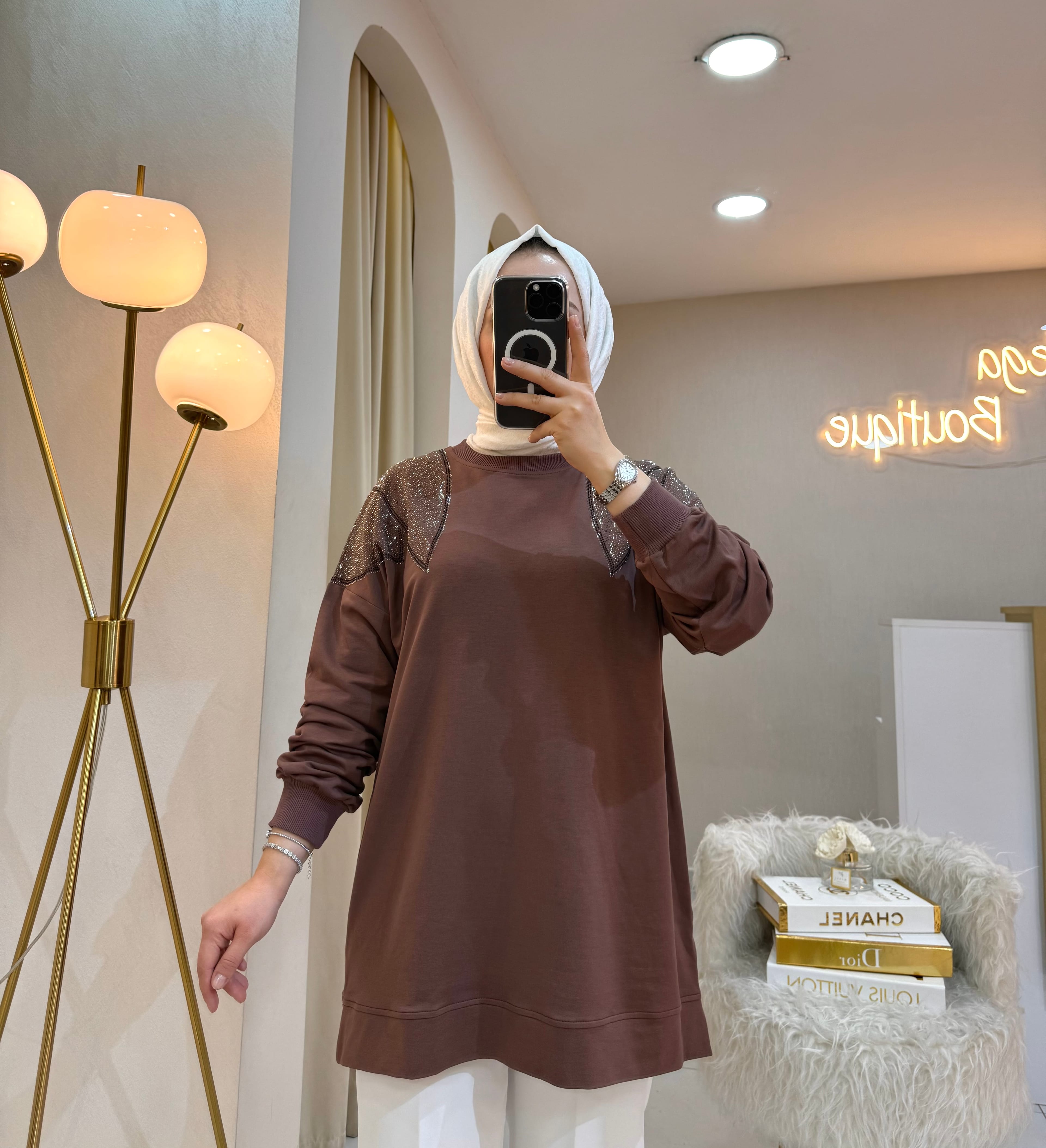 Omzu Taşlı Sweat Kahve