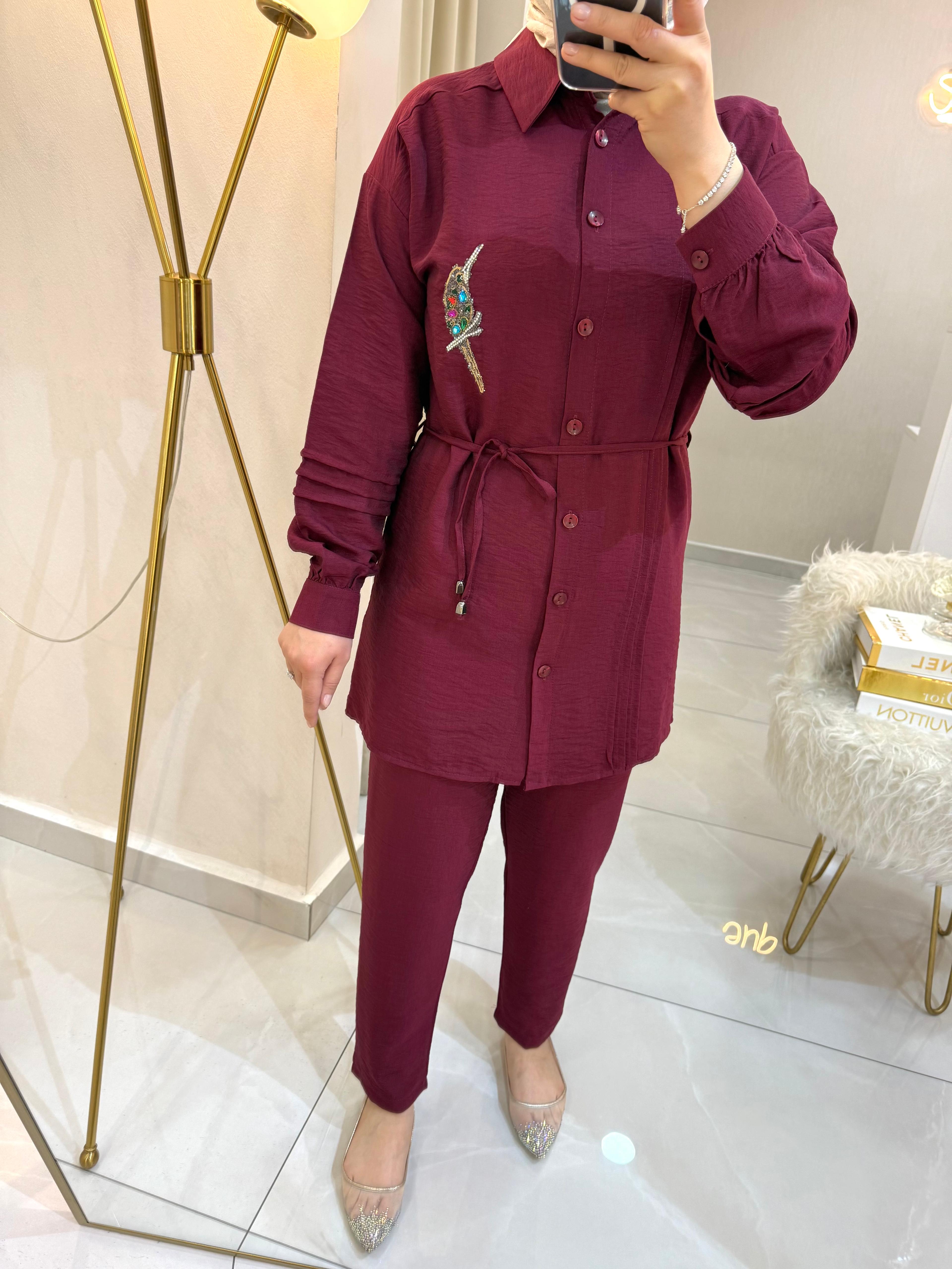 Kuş Detaylı Takım Bordo