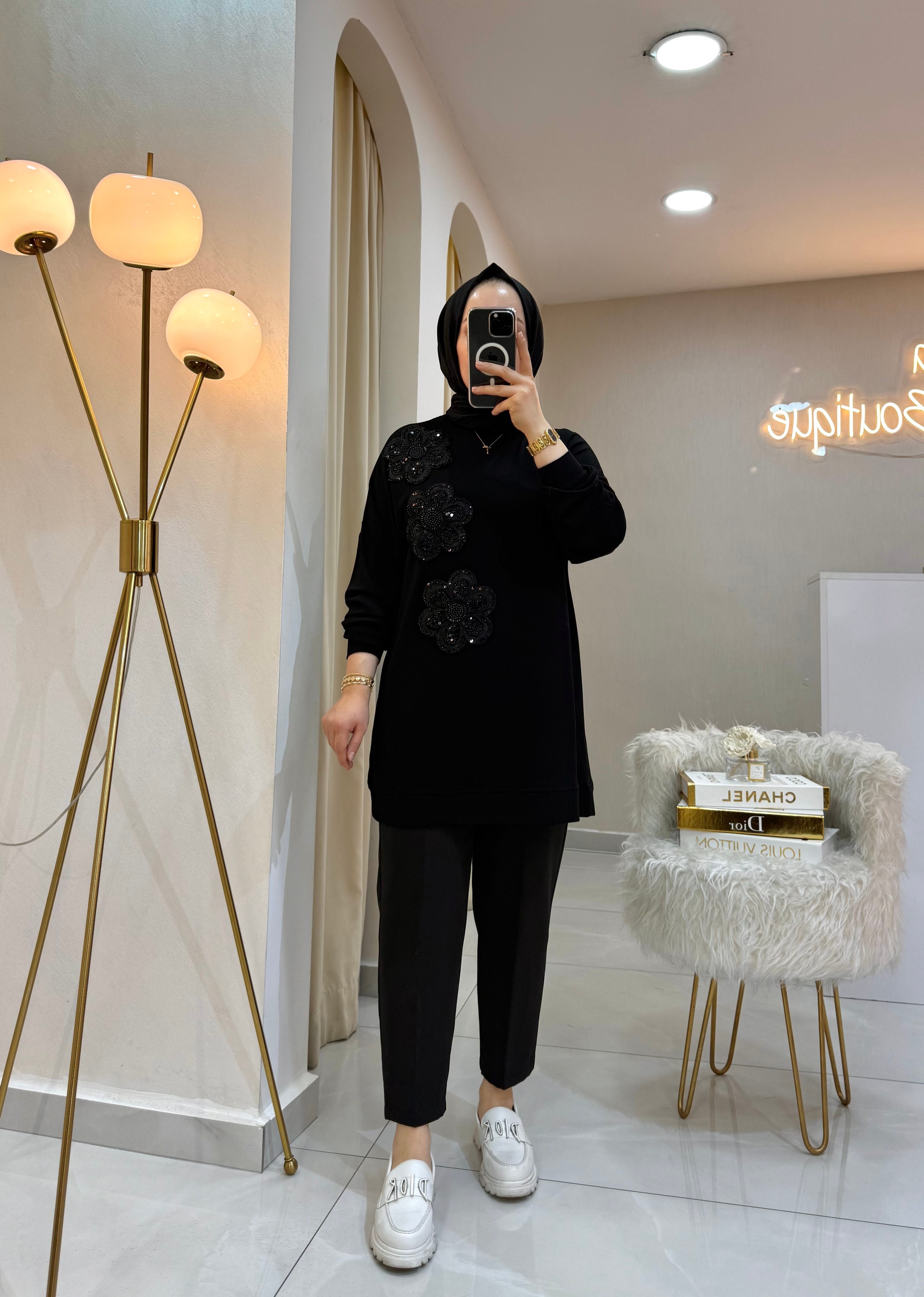 Güpür Çiçekli Sweat Siyah