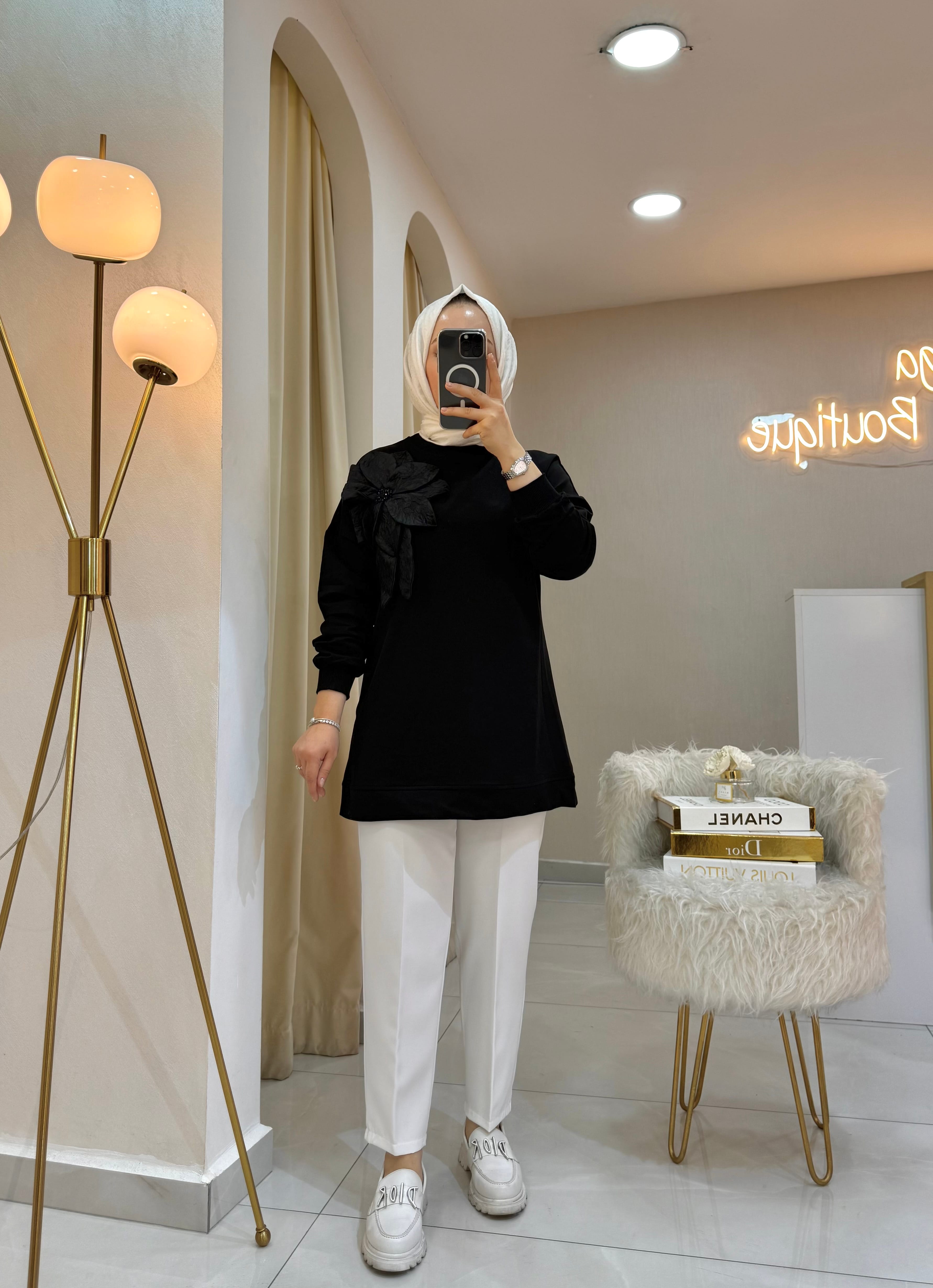 Çiçekli Sweat Siyah
