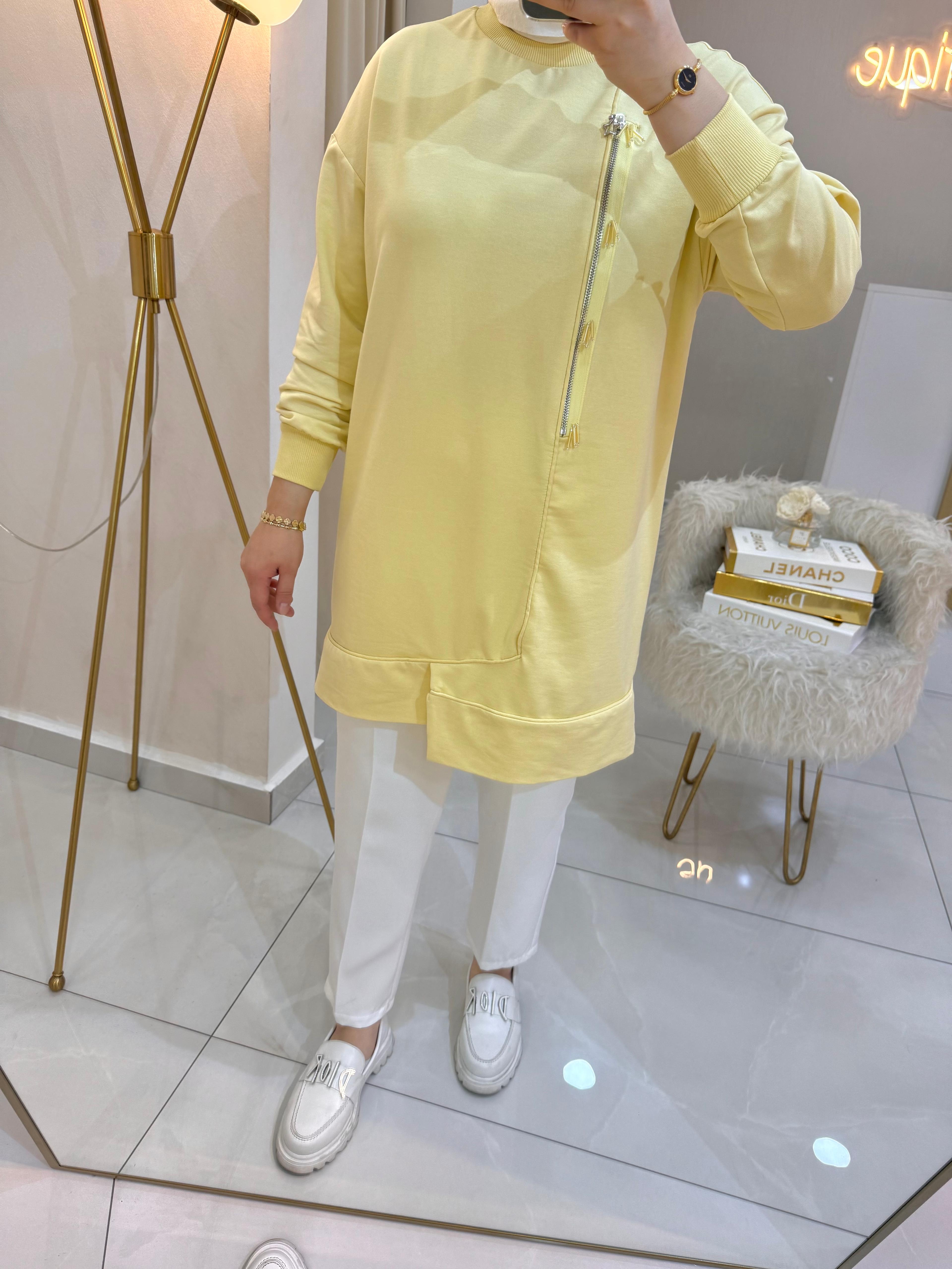 Boncuklu Fermuar Sweat Sarı