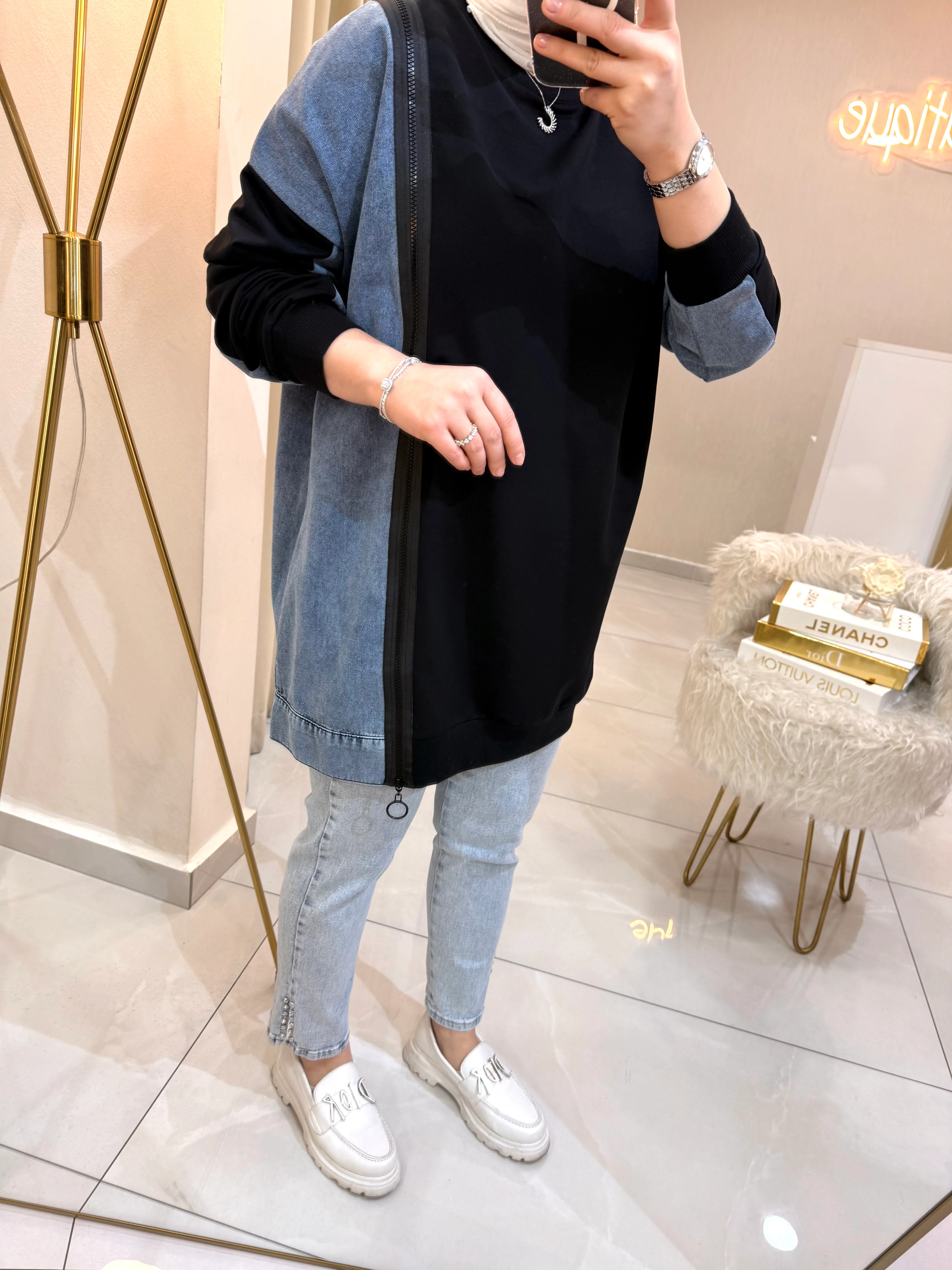 Kot Detaylı Sweat Siyah