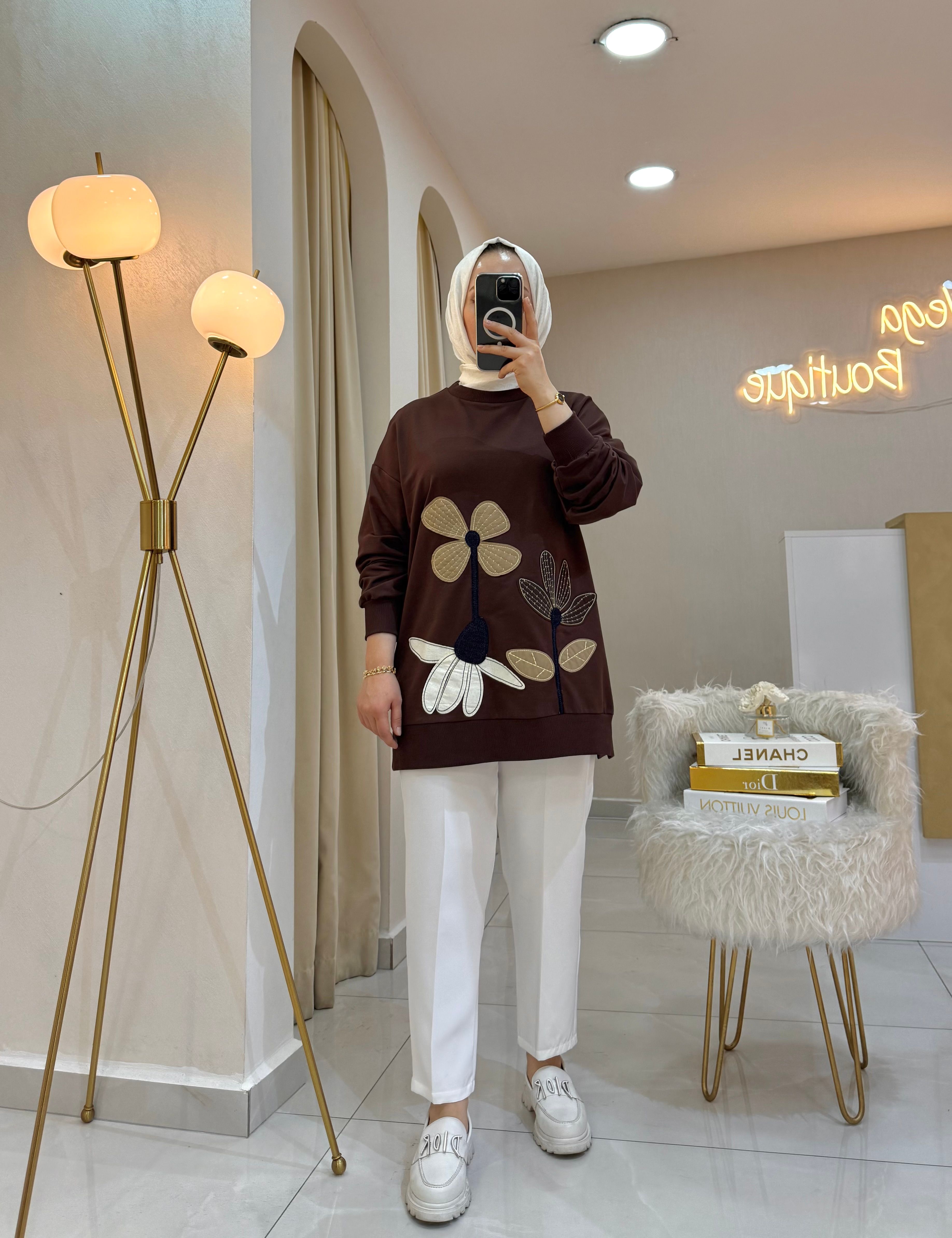 Çiçek Nakışlı Sweat Kahve