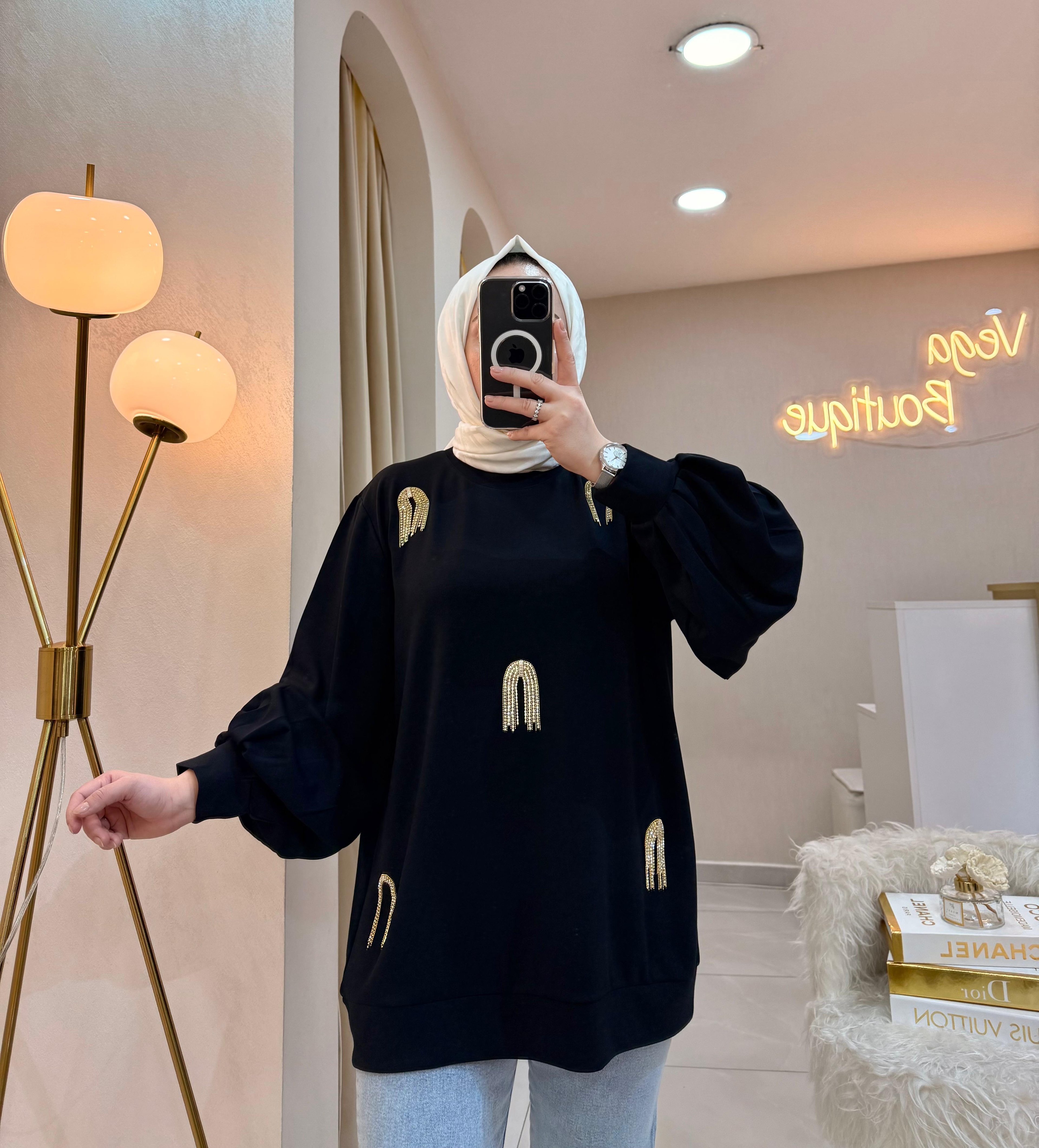 Püskül Taşlı Balon Kol Sweat Siyah