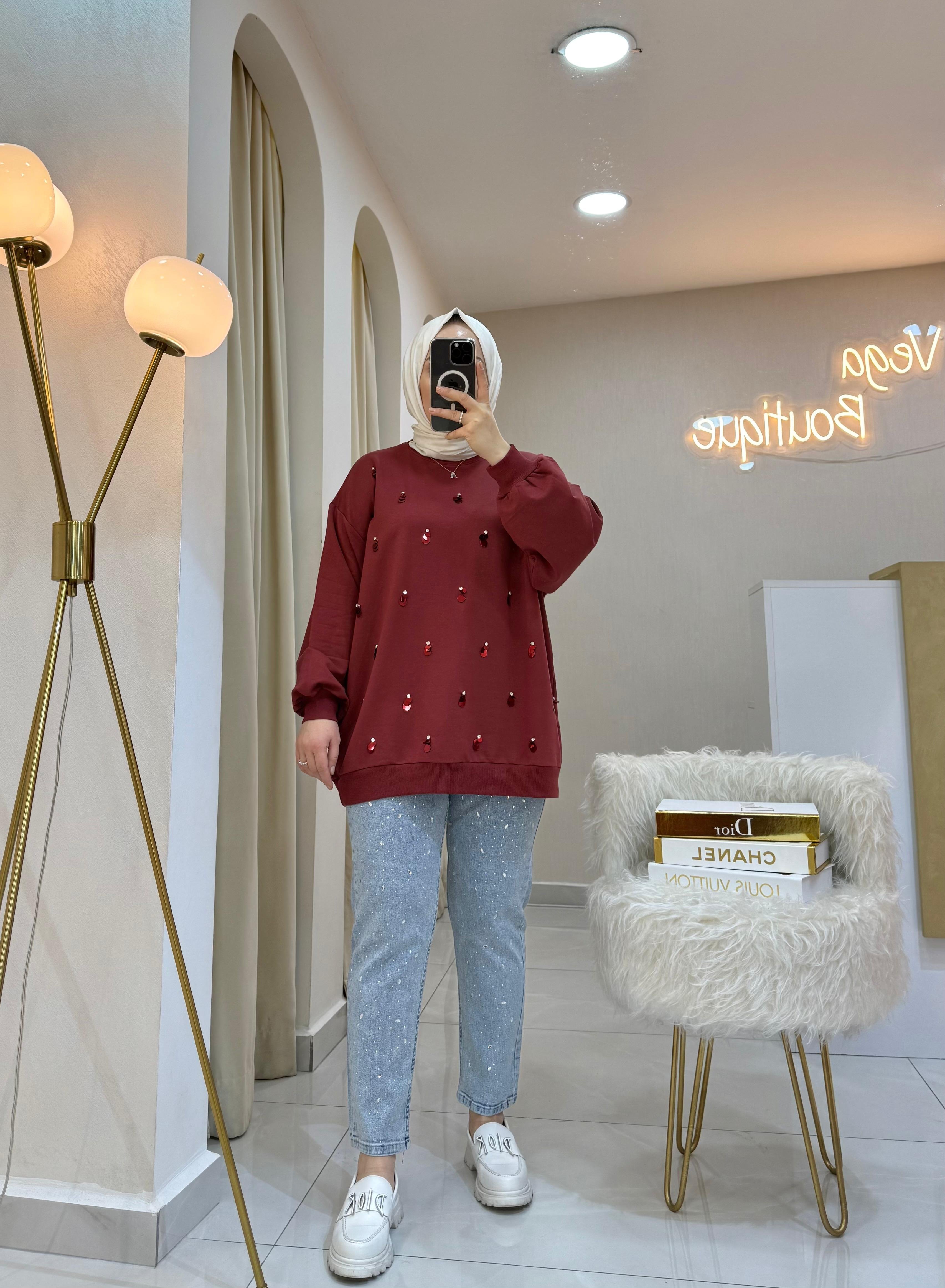 Pullu Taşlı Sweat Bordo