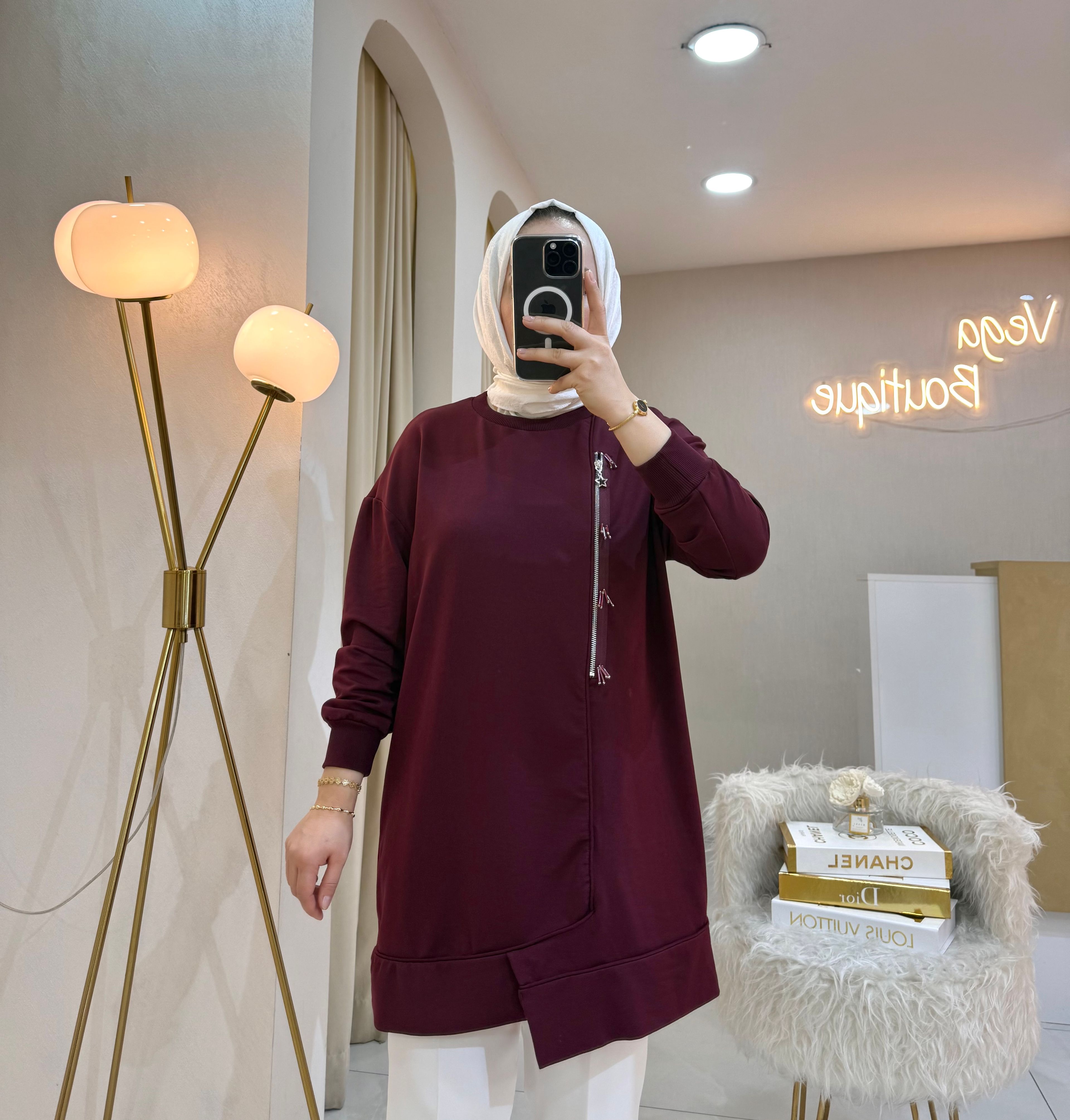 Boncuklu Fermuar Sweat Bordo