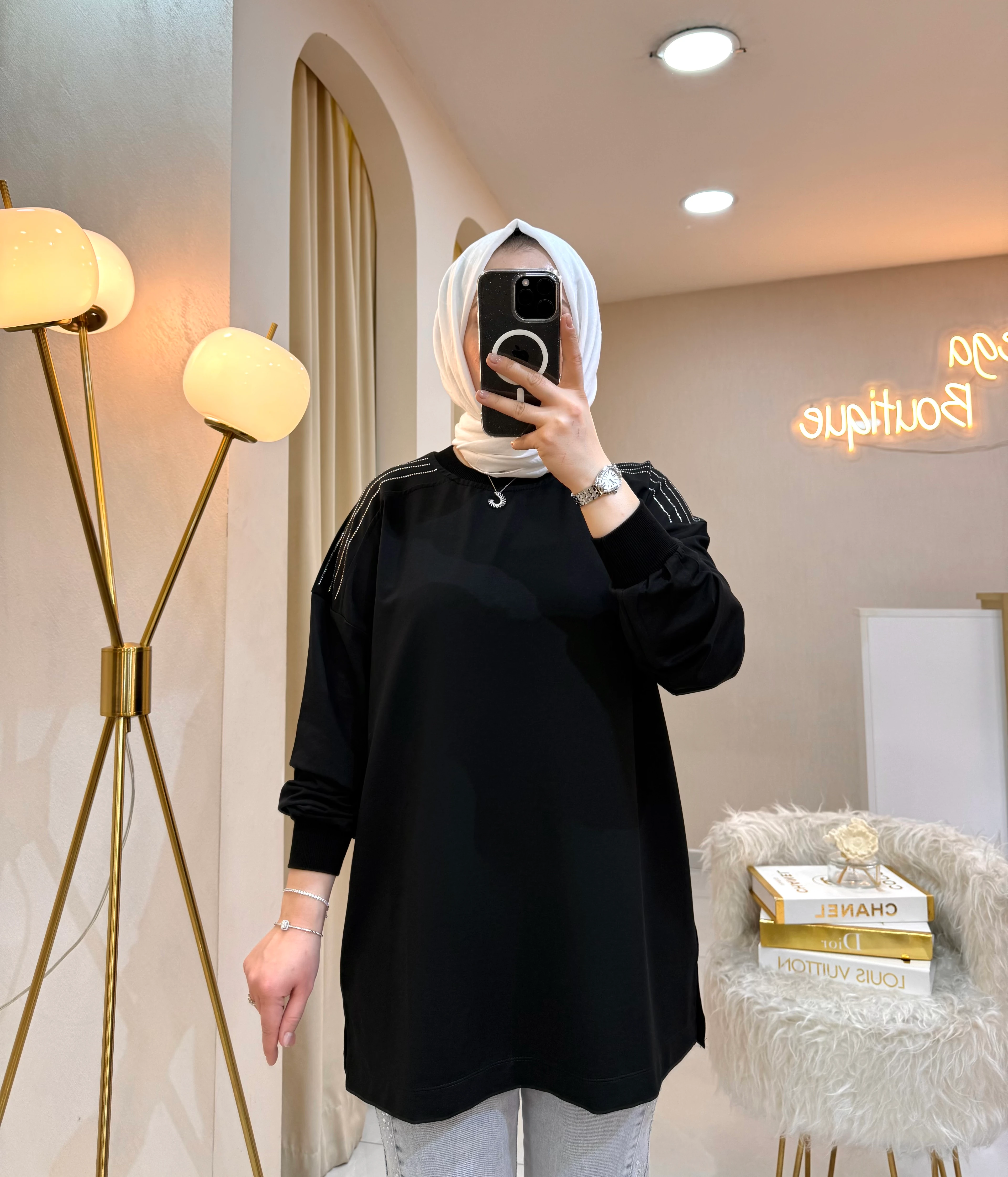 Omzu Taşlı Sweat Siyah