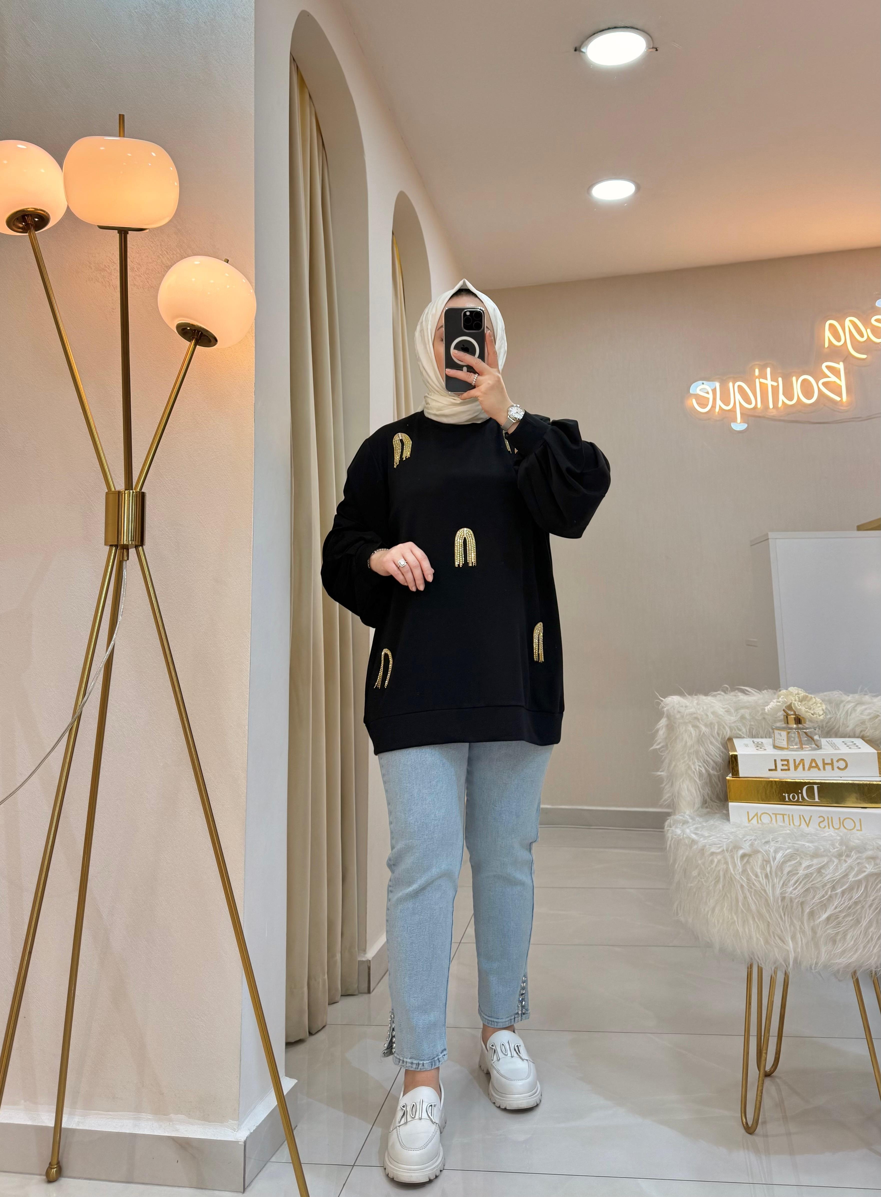 Püskül Taşlı Balon Kol Sweat Siyah