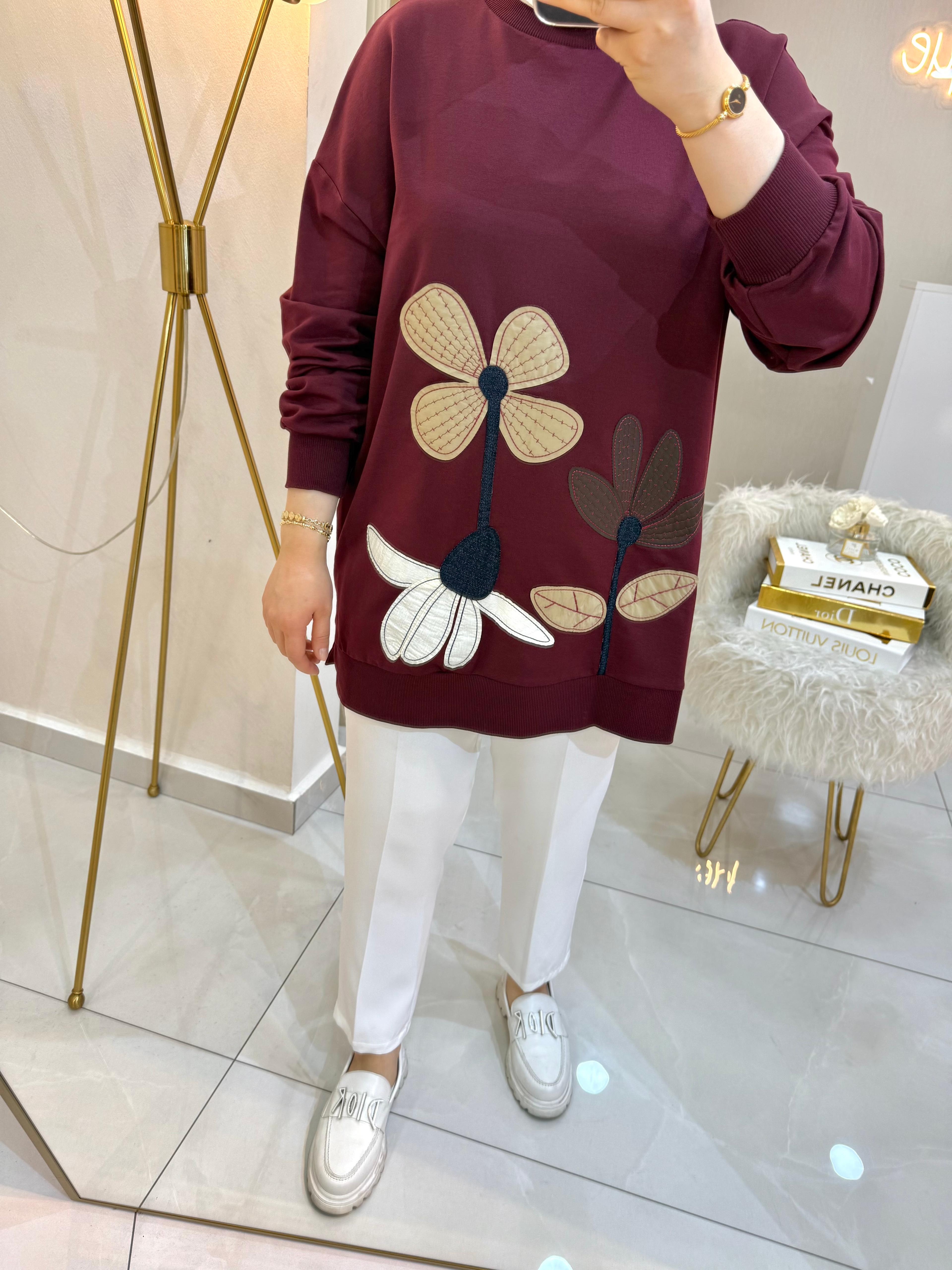 Çiçek Nakışlı Sweat Bordo