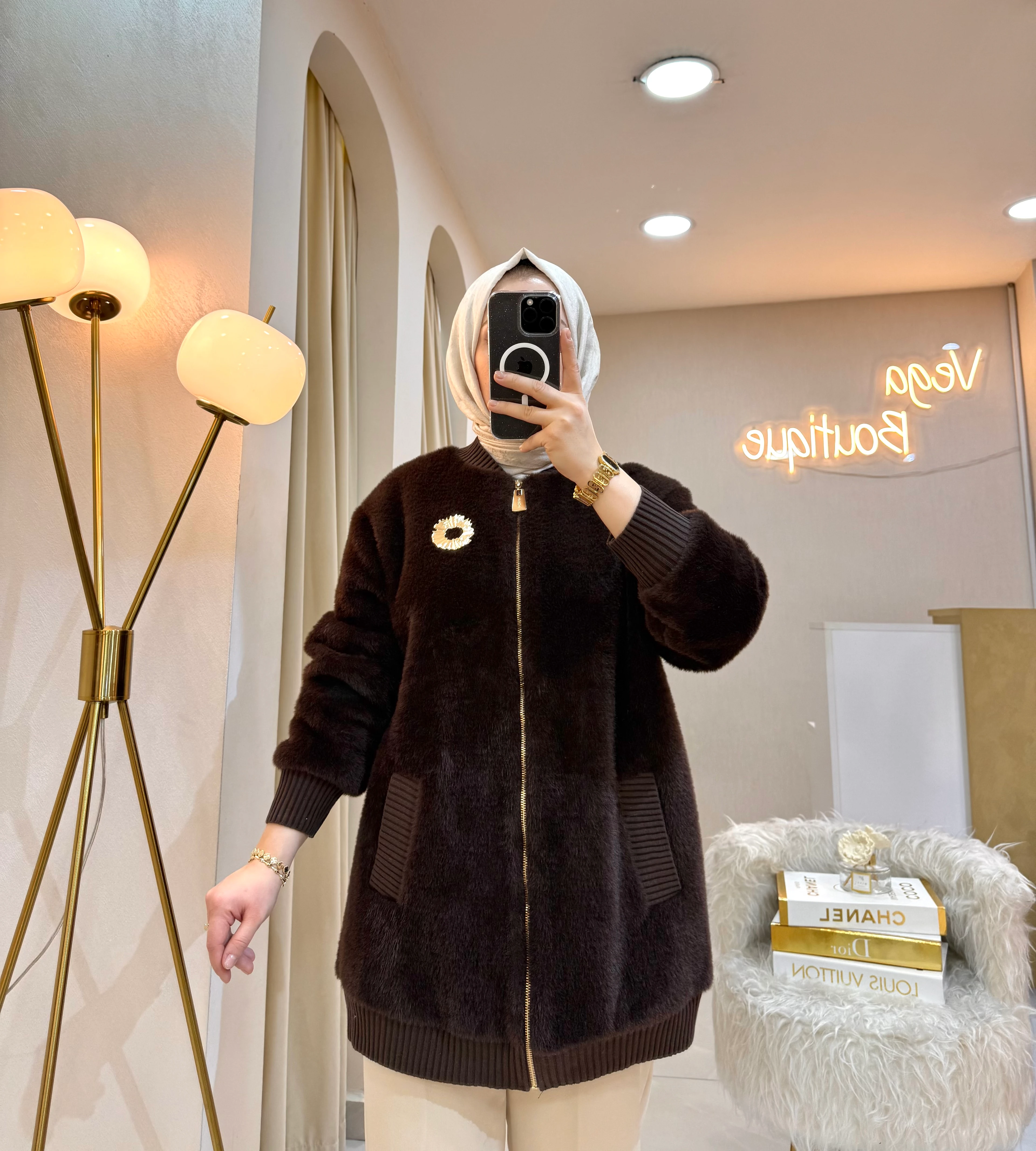 Broşlu Angora Bomber Ceket Kahve