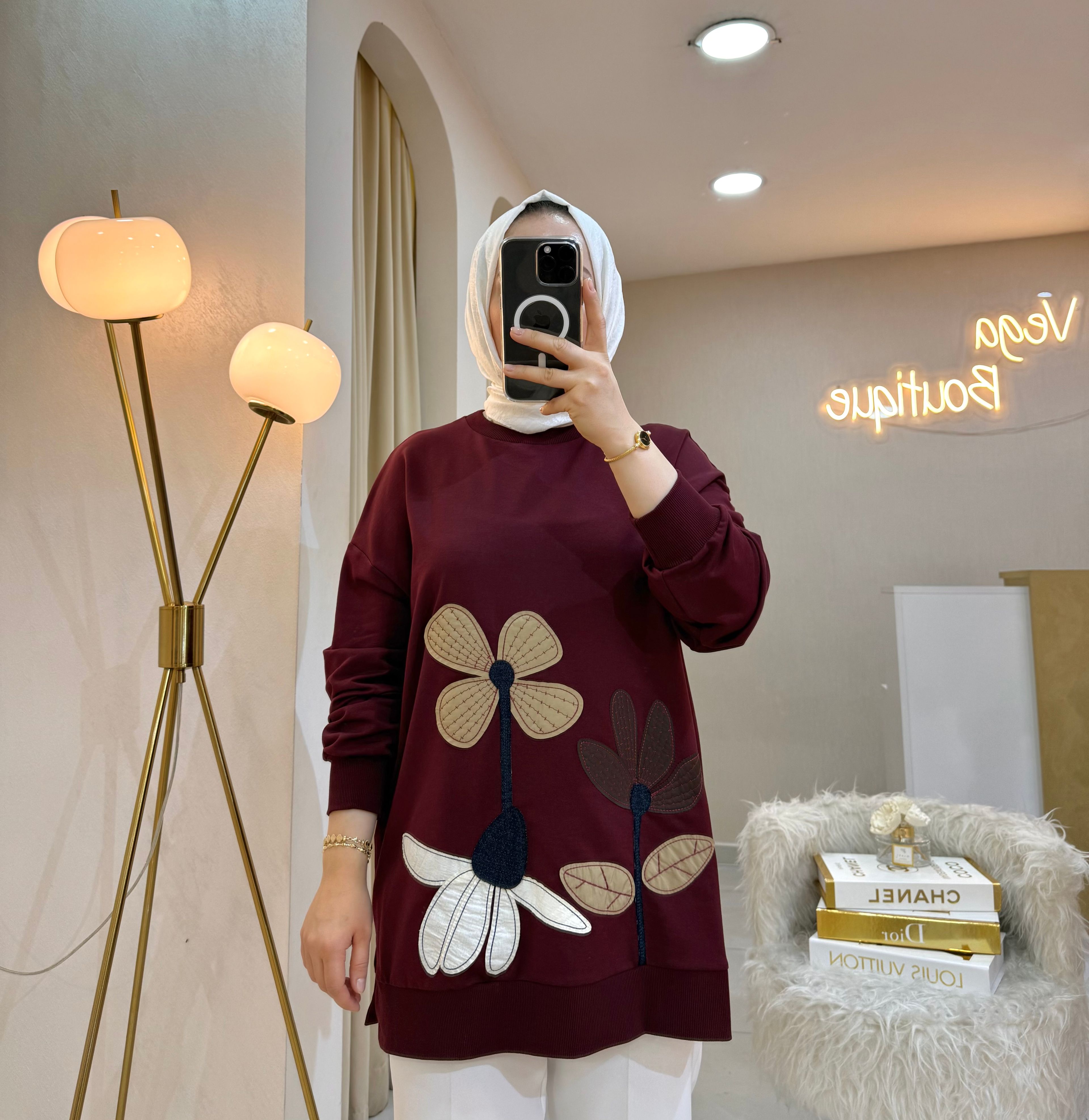 Çiçek Nakışlı Sweat Bordo