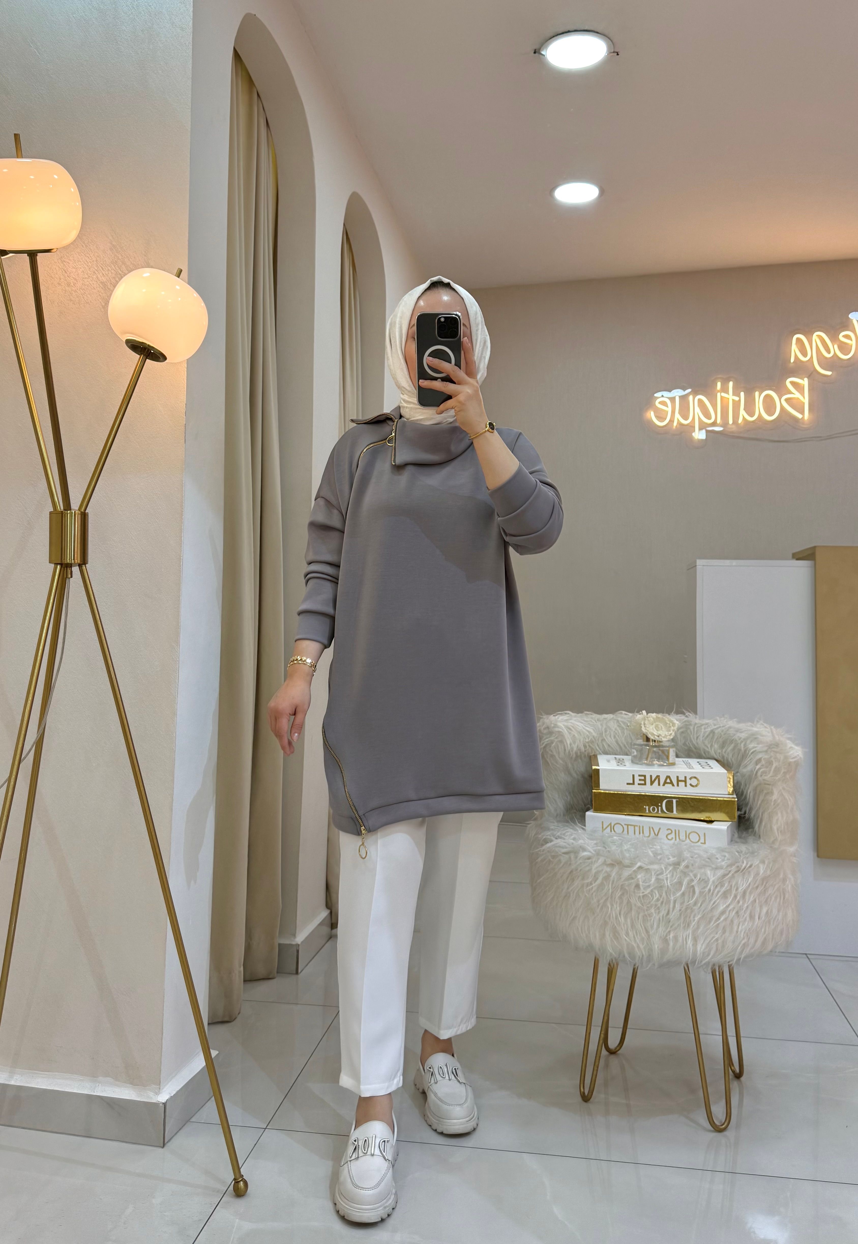 Yaka Detaylı Tunik Gri