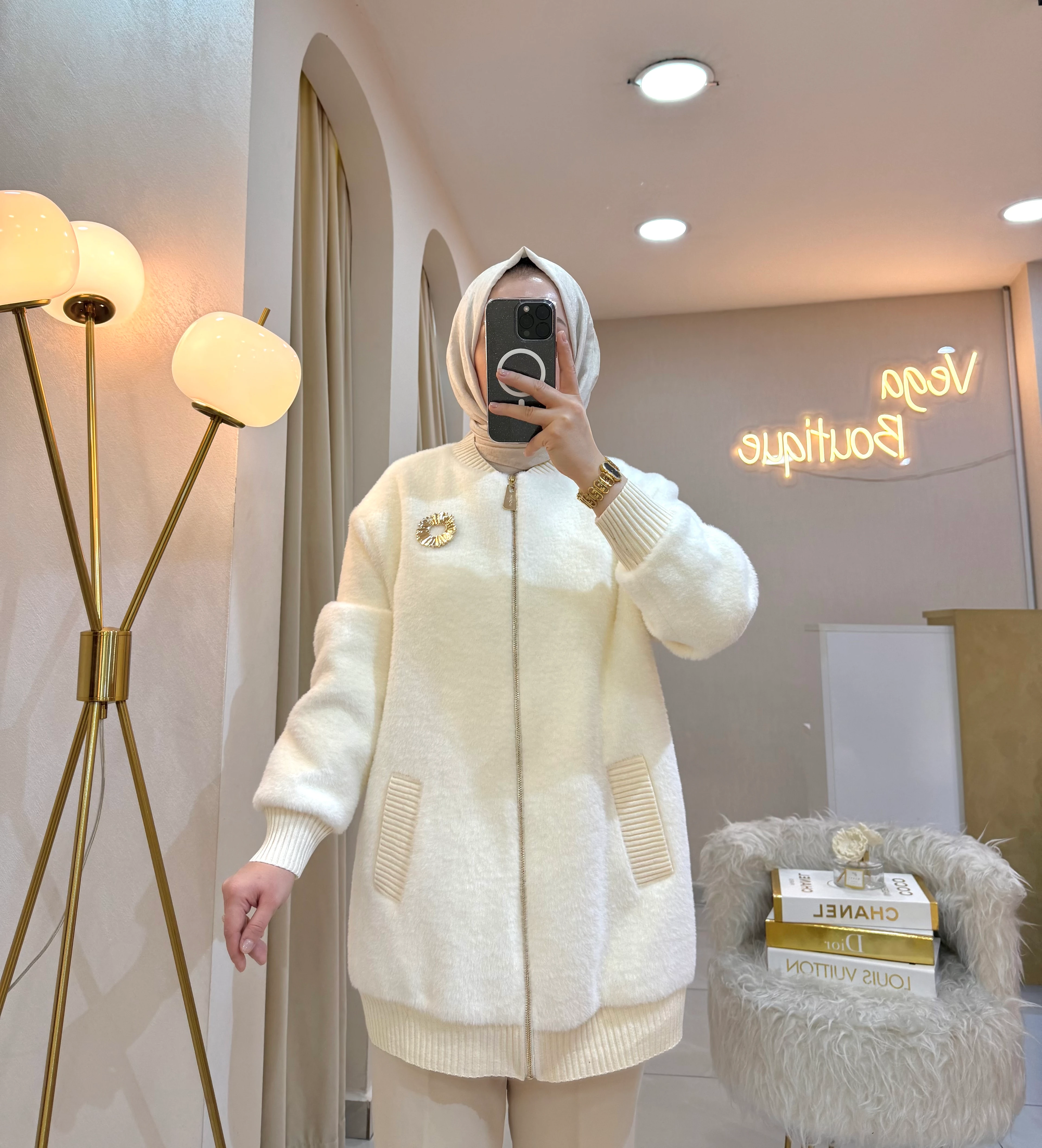 Broşlu Angora Bomber Ceket Ekru