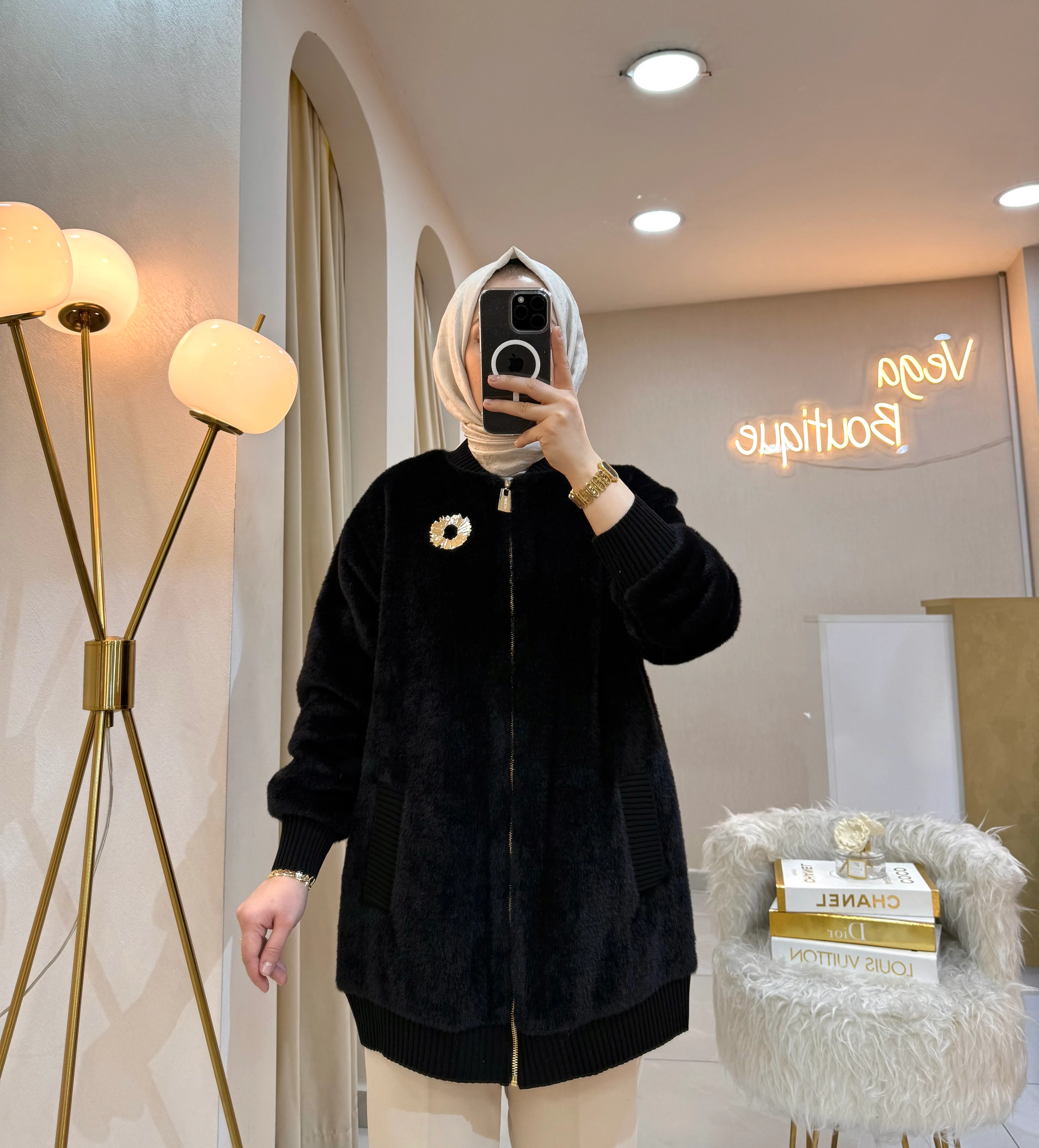 Broşlu Angora Bomber Ceket Siyah