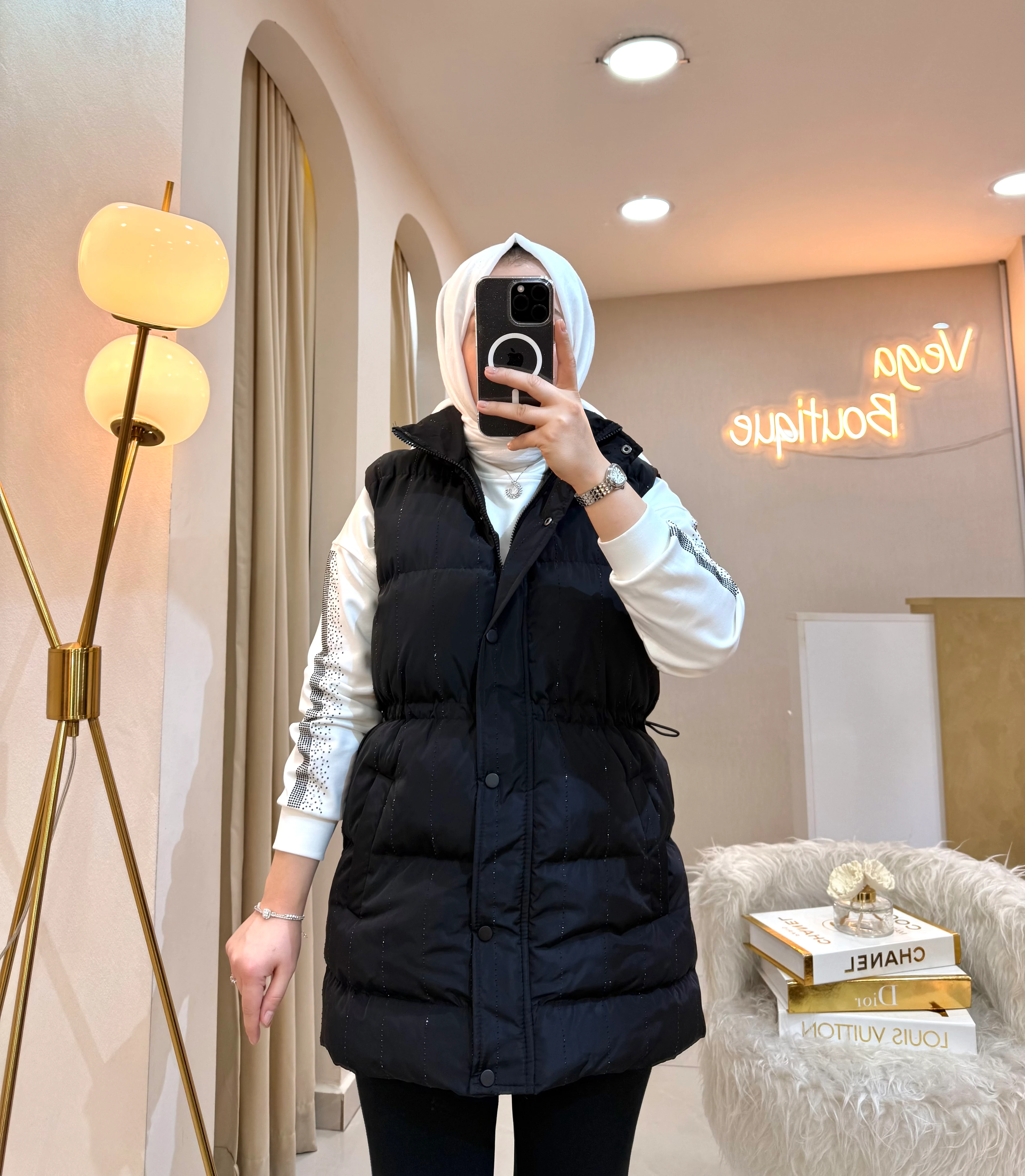 Taşlı Şişme Yelek Siyah