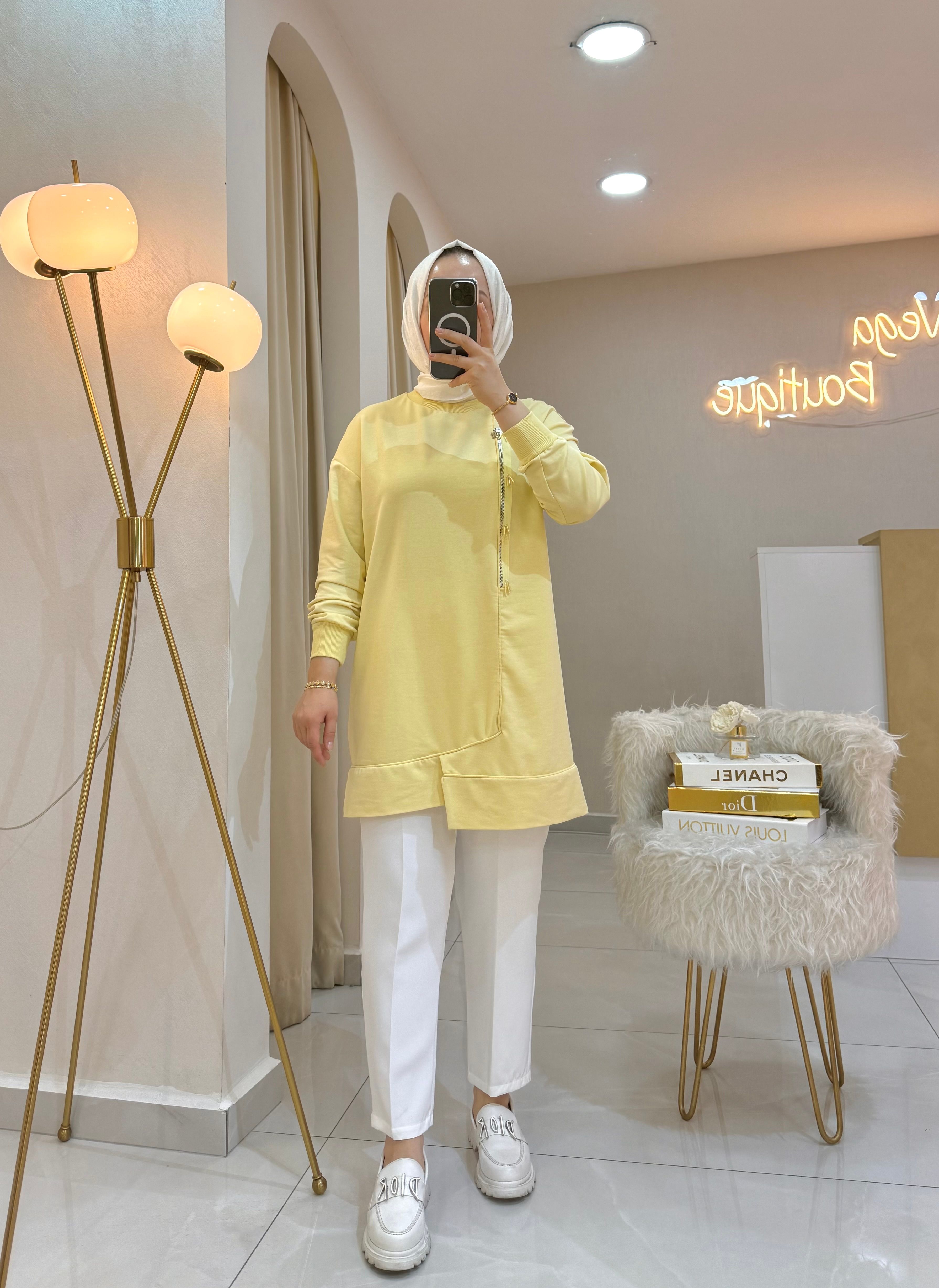 Boncuklu Fermuar Sweat Sarı