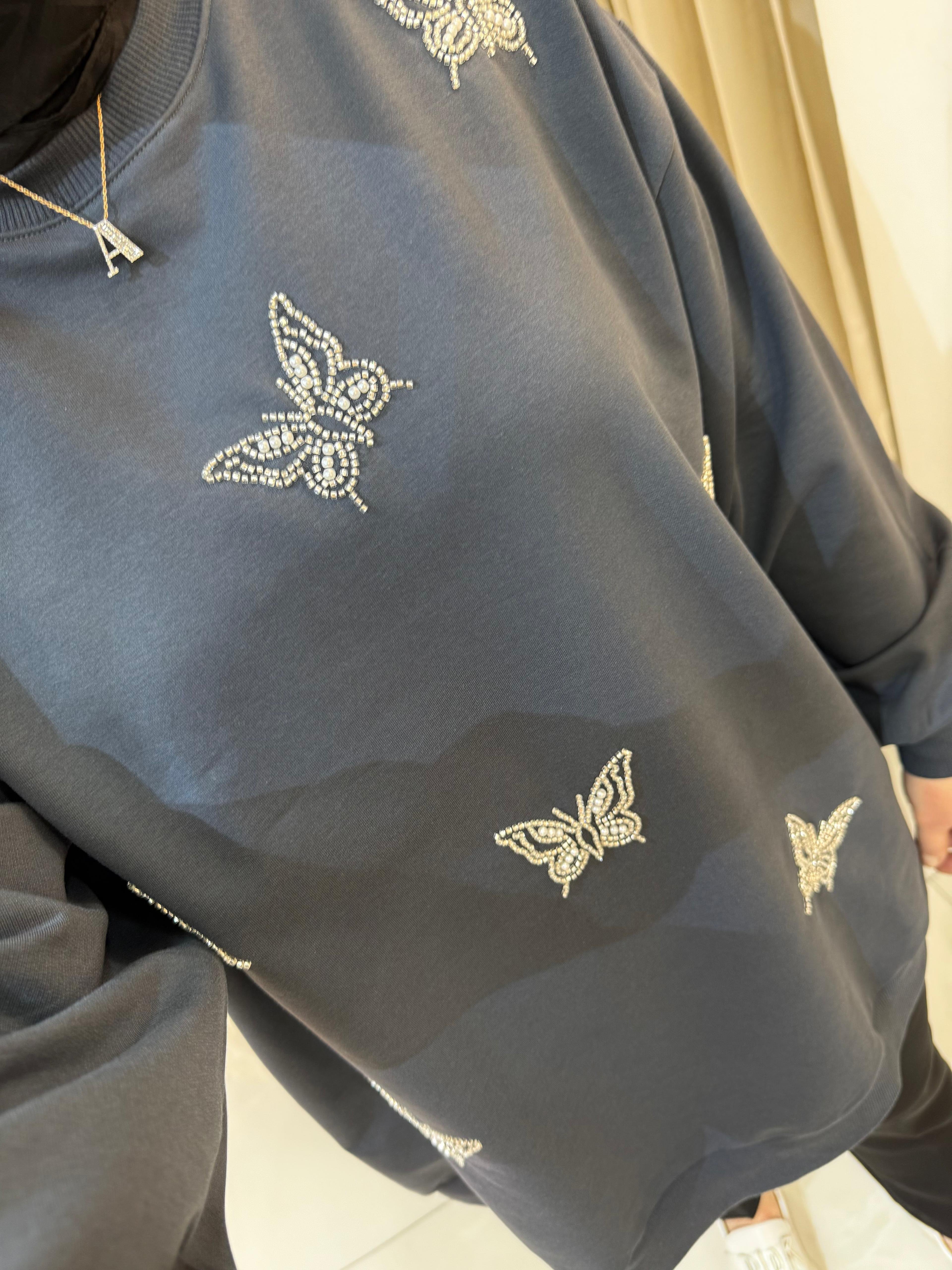 Kelebek Boncuklu Sweat Füme