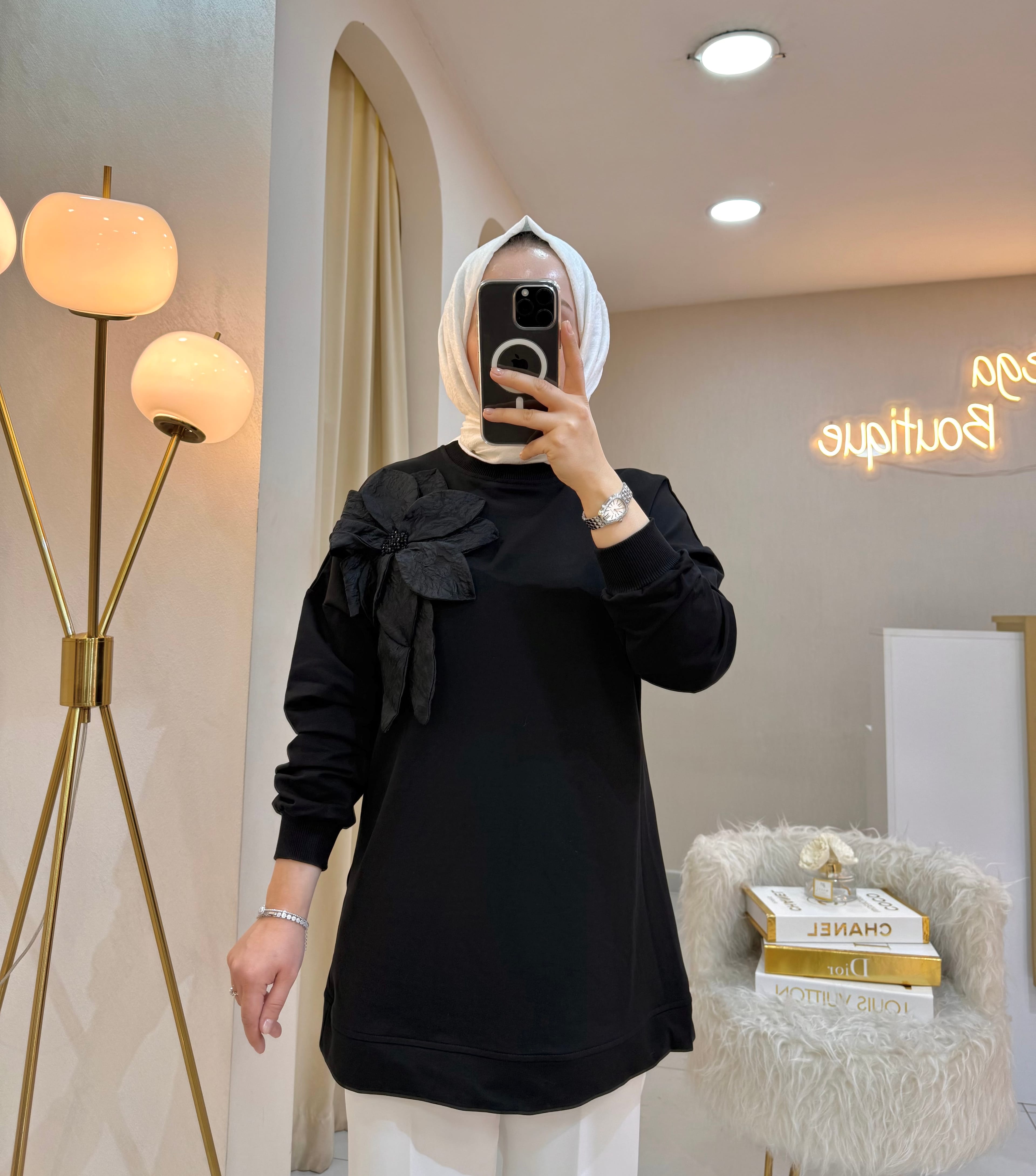 Çiçekli Sweat Siyah