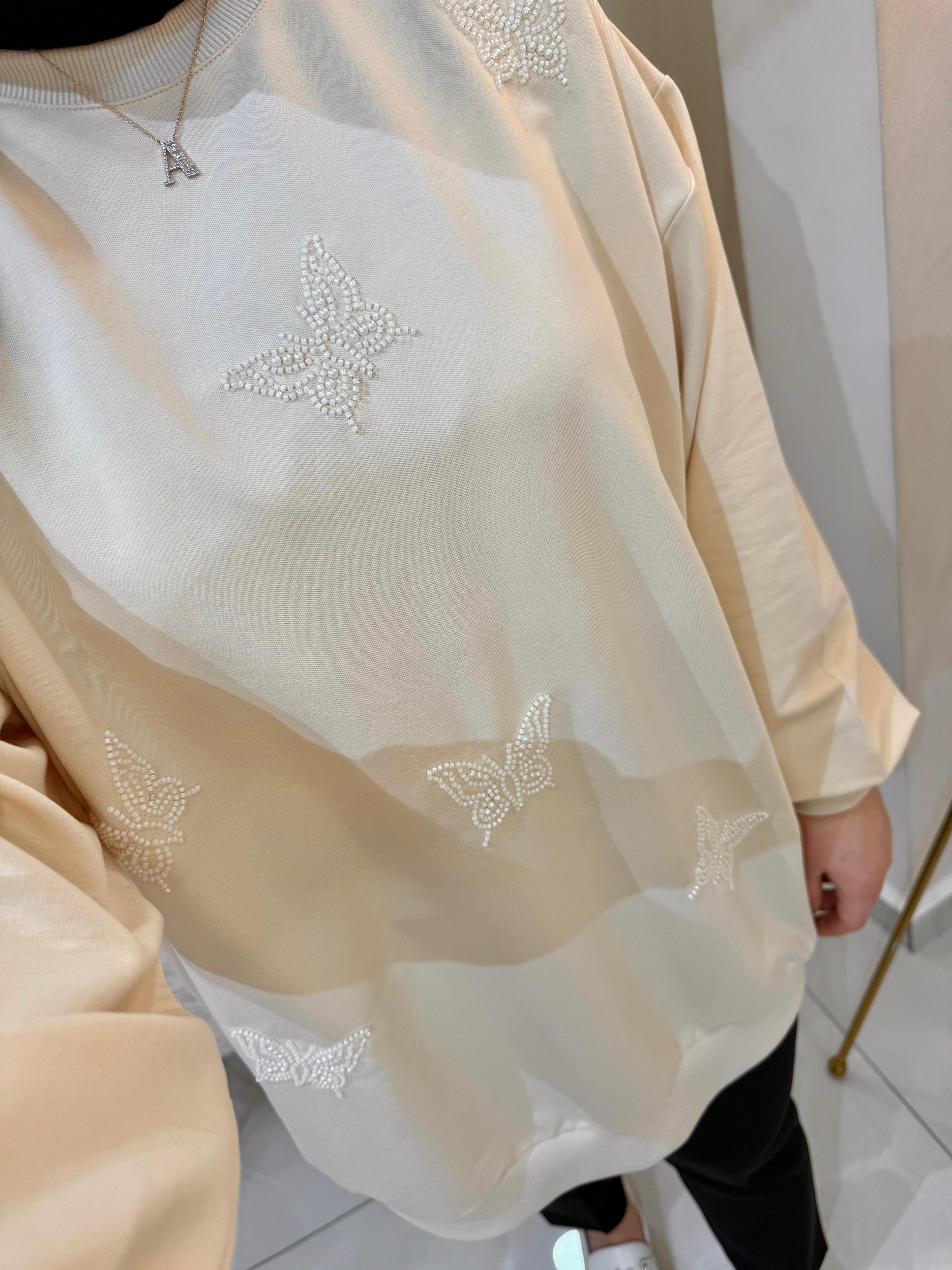 Kelebek Boncuklu Sweat Ekru