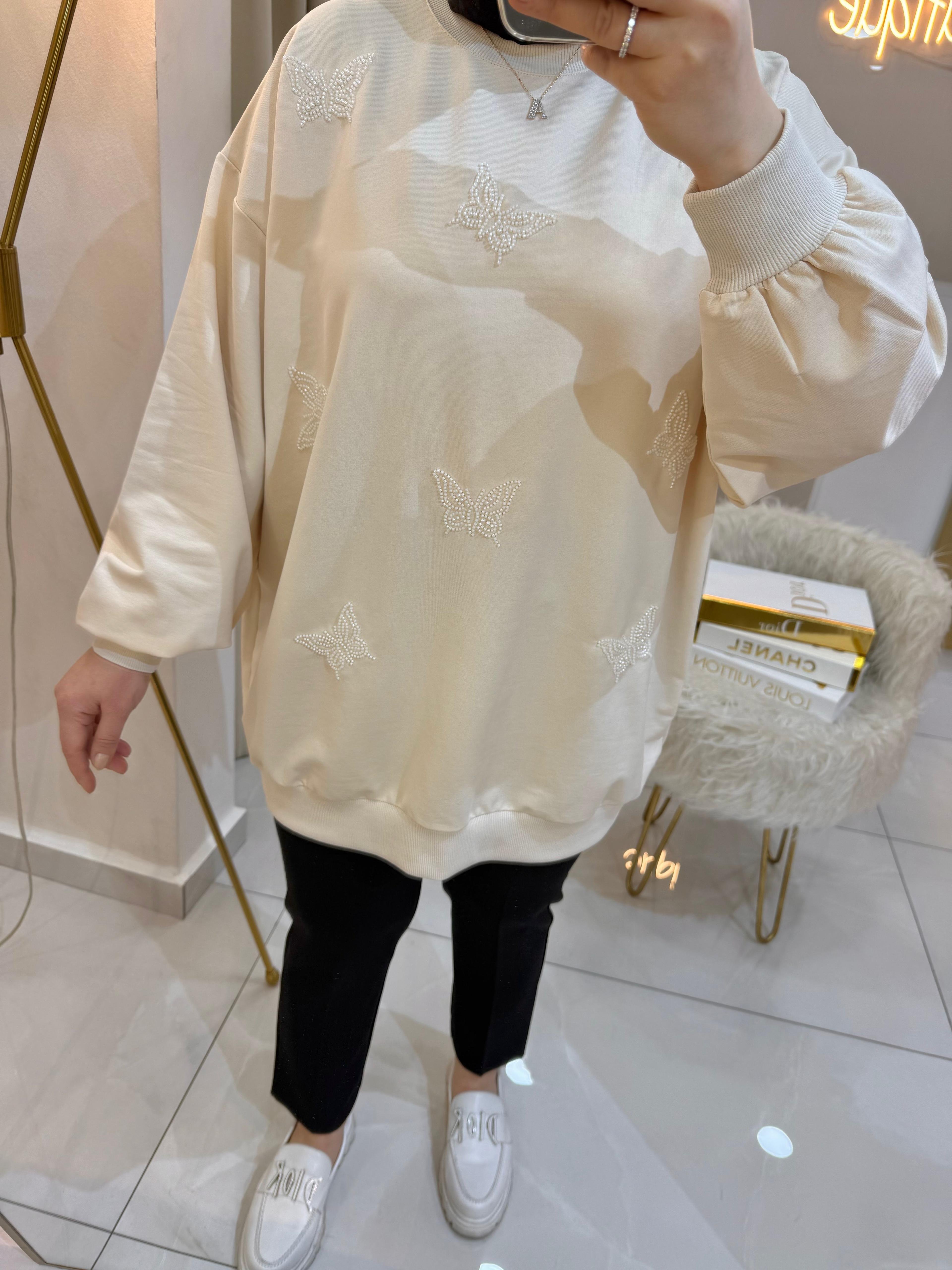 Kelebek Boncuklu Sweat Ekru