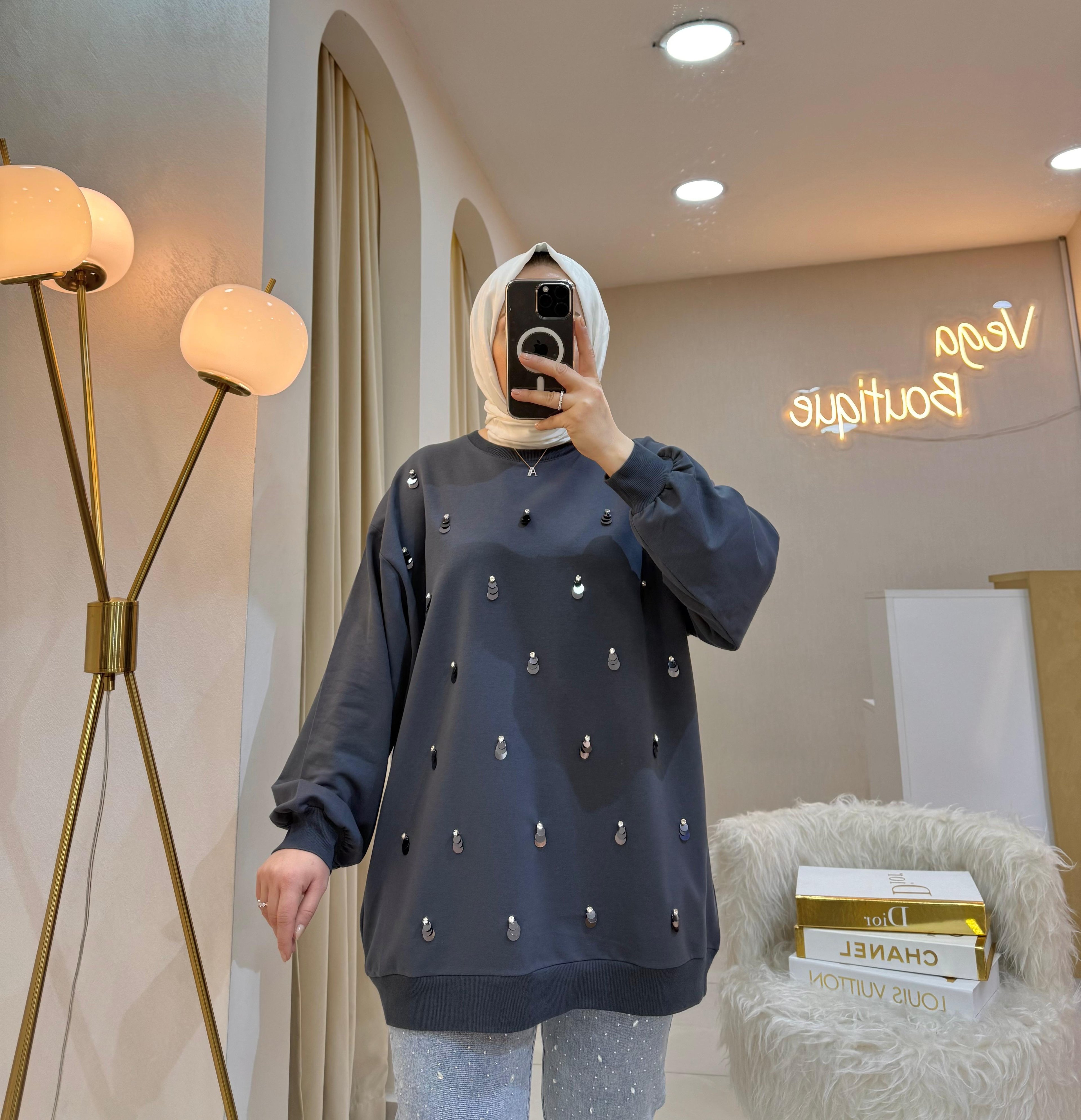 Pullu Taşlı Sweat Füme