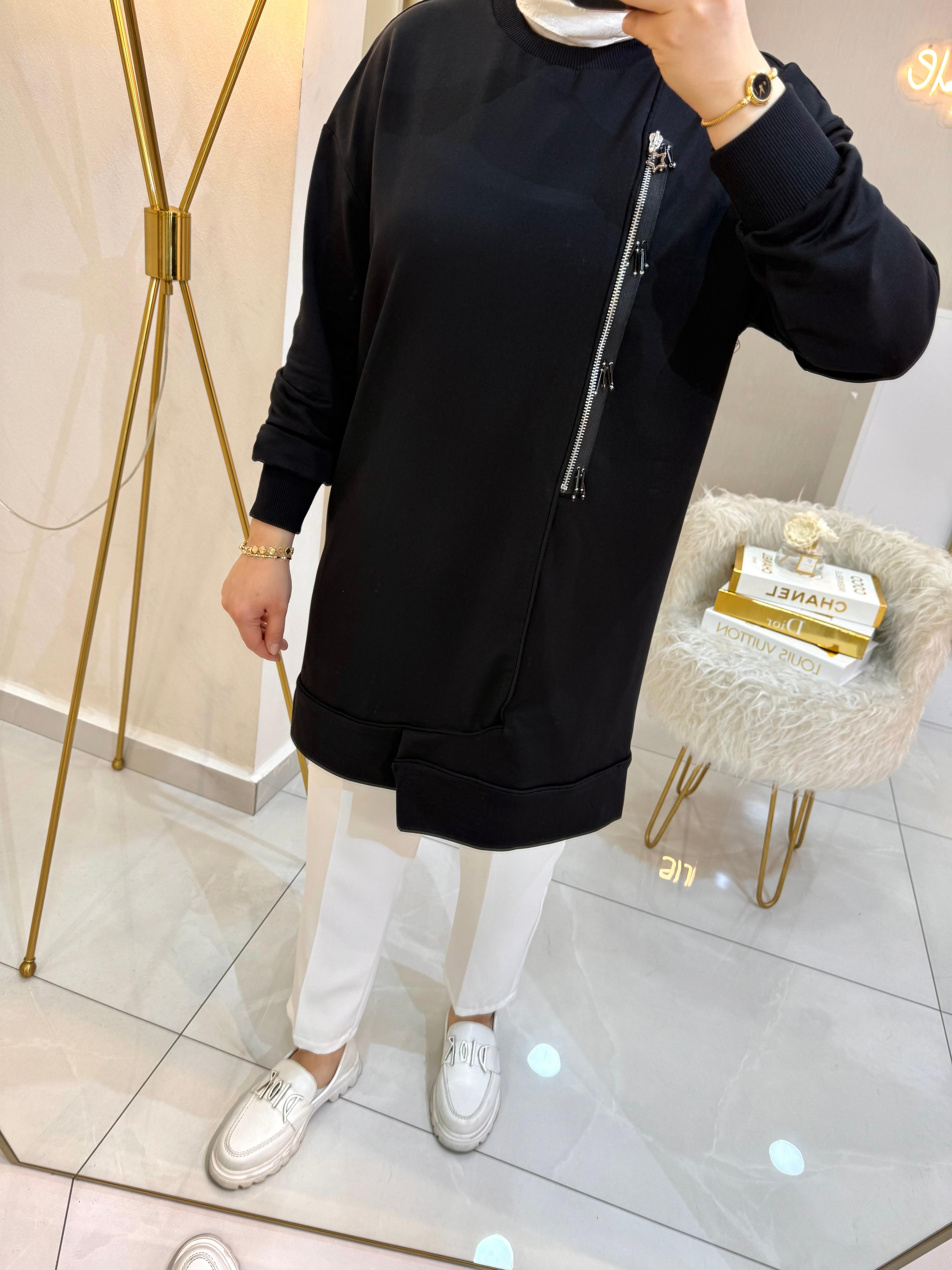 Boncuklu Fermuar Sweat Siyah
