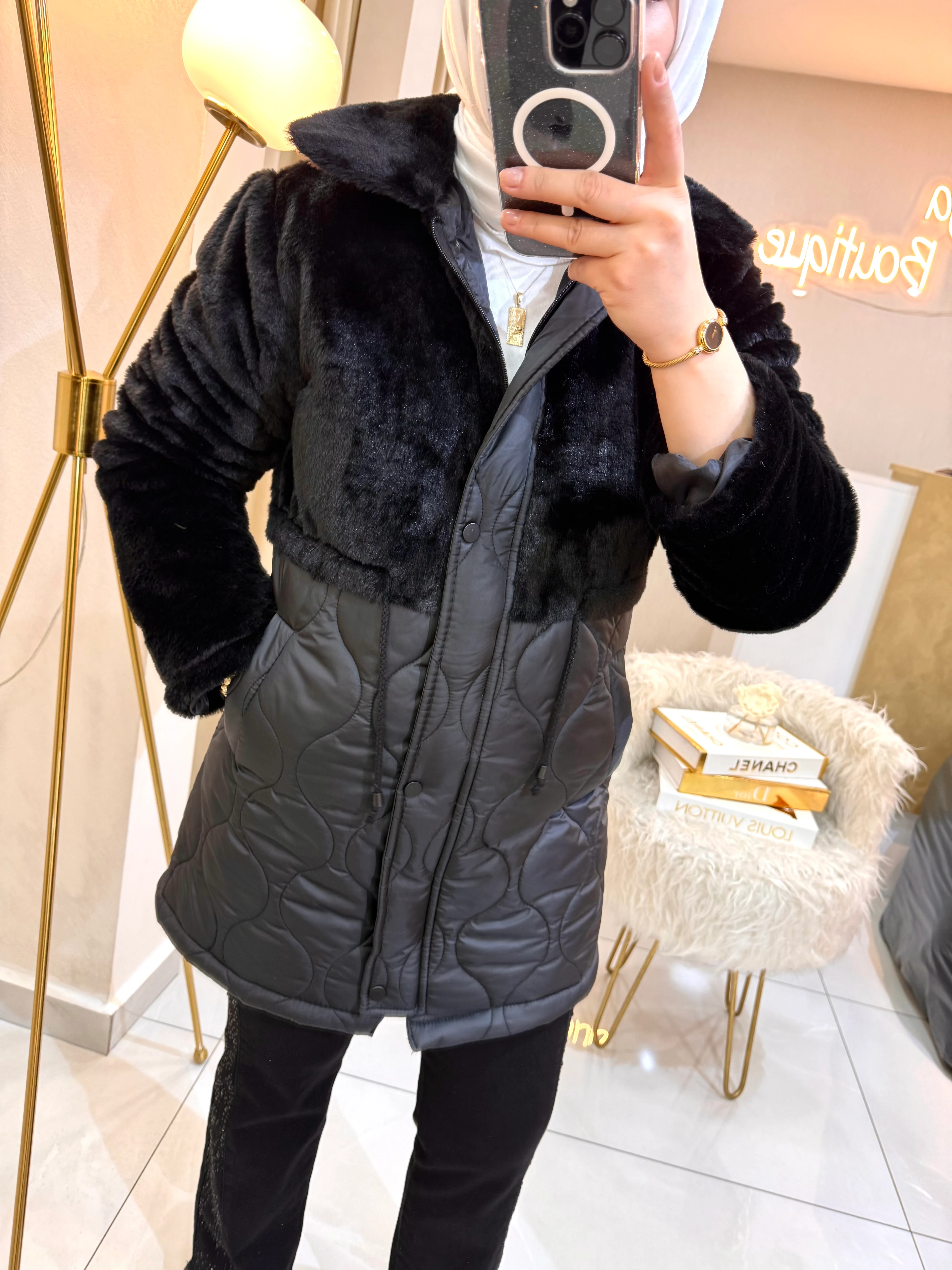 Peluş Detaylı Şişme Mont Siyah