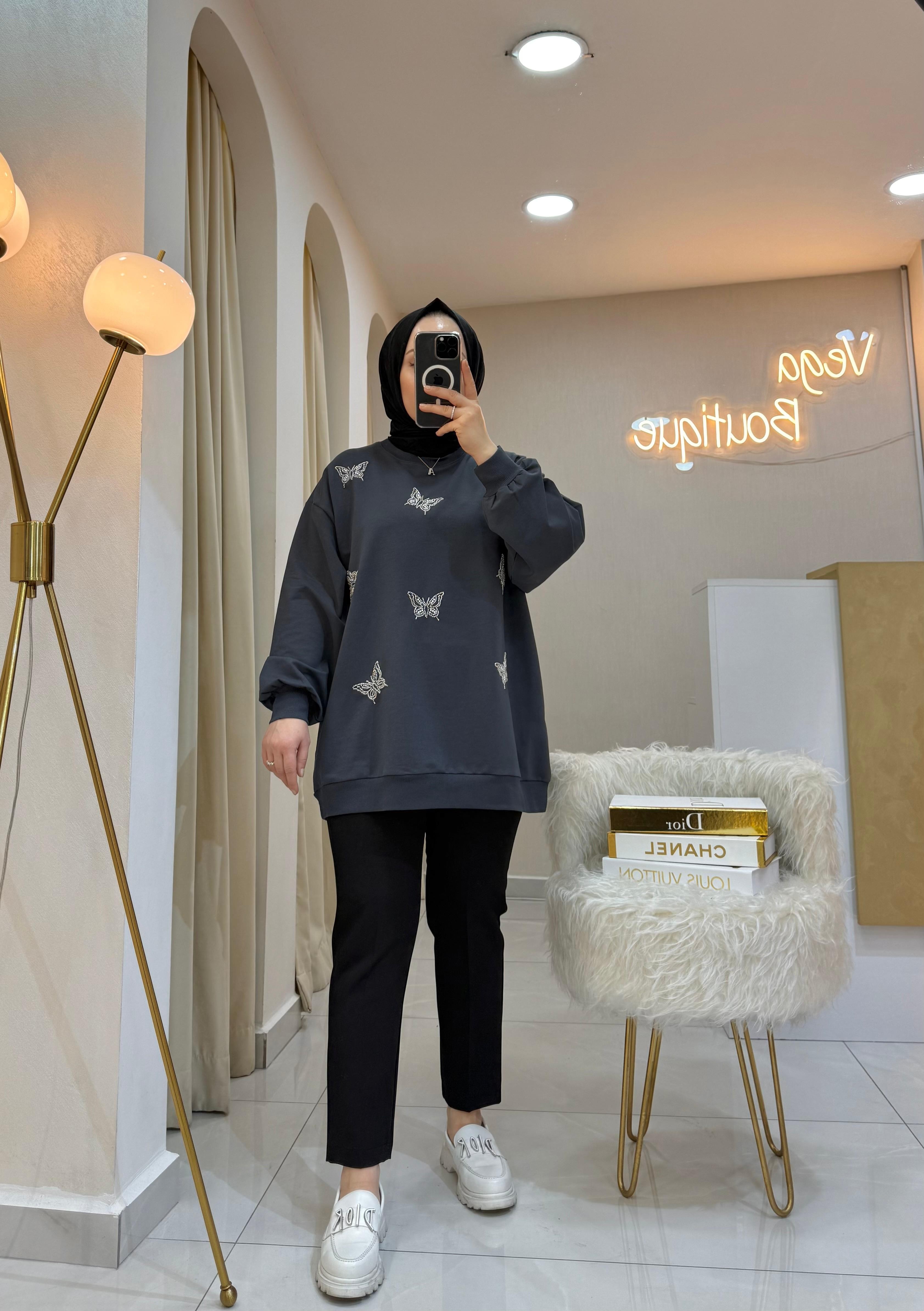 Kelebek Boncuklu Sweat Füme