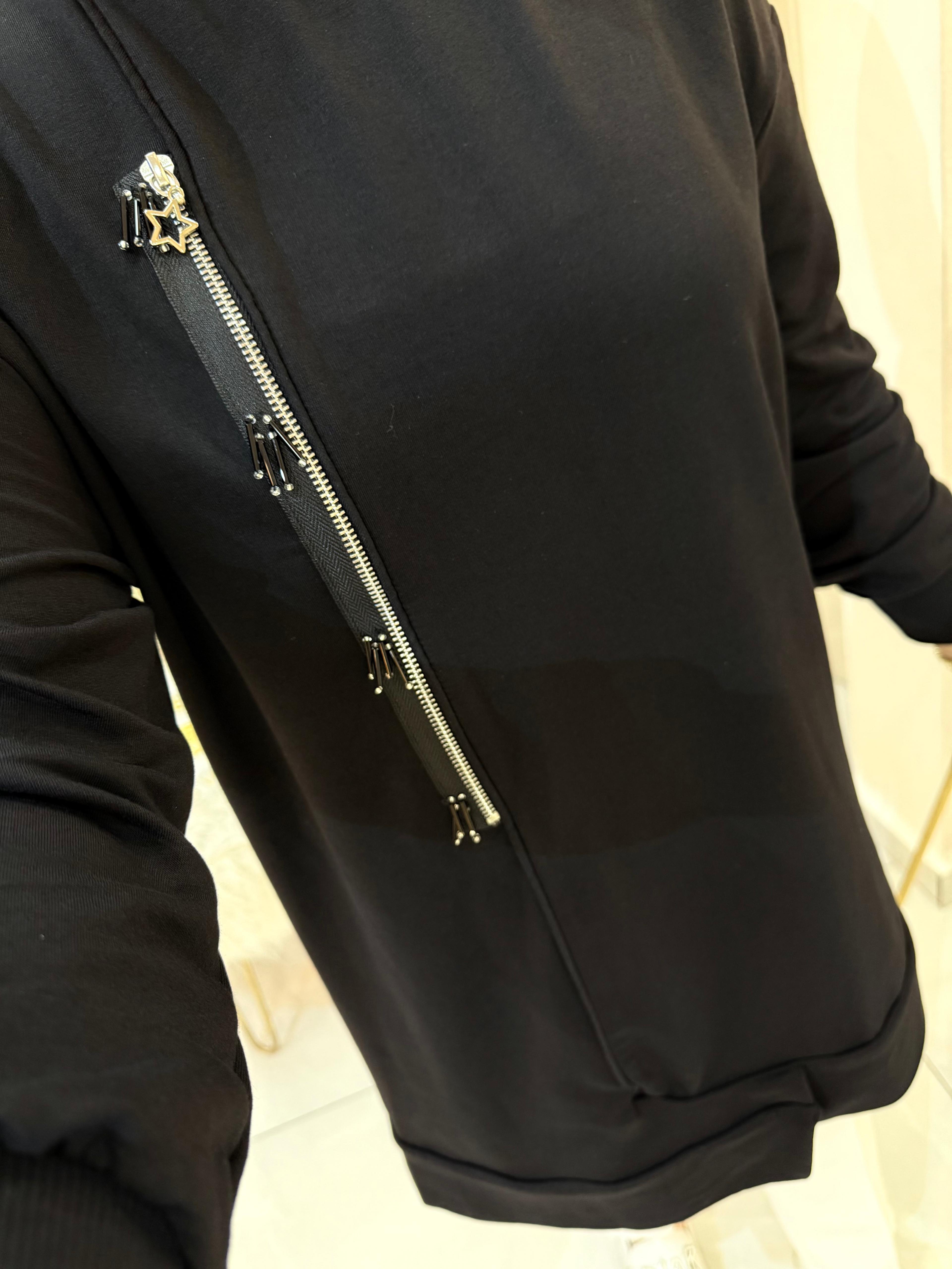 Boncuklu Fermuar Sweat Siyah