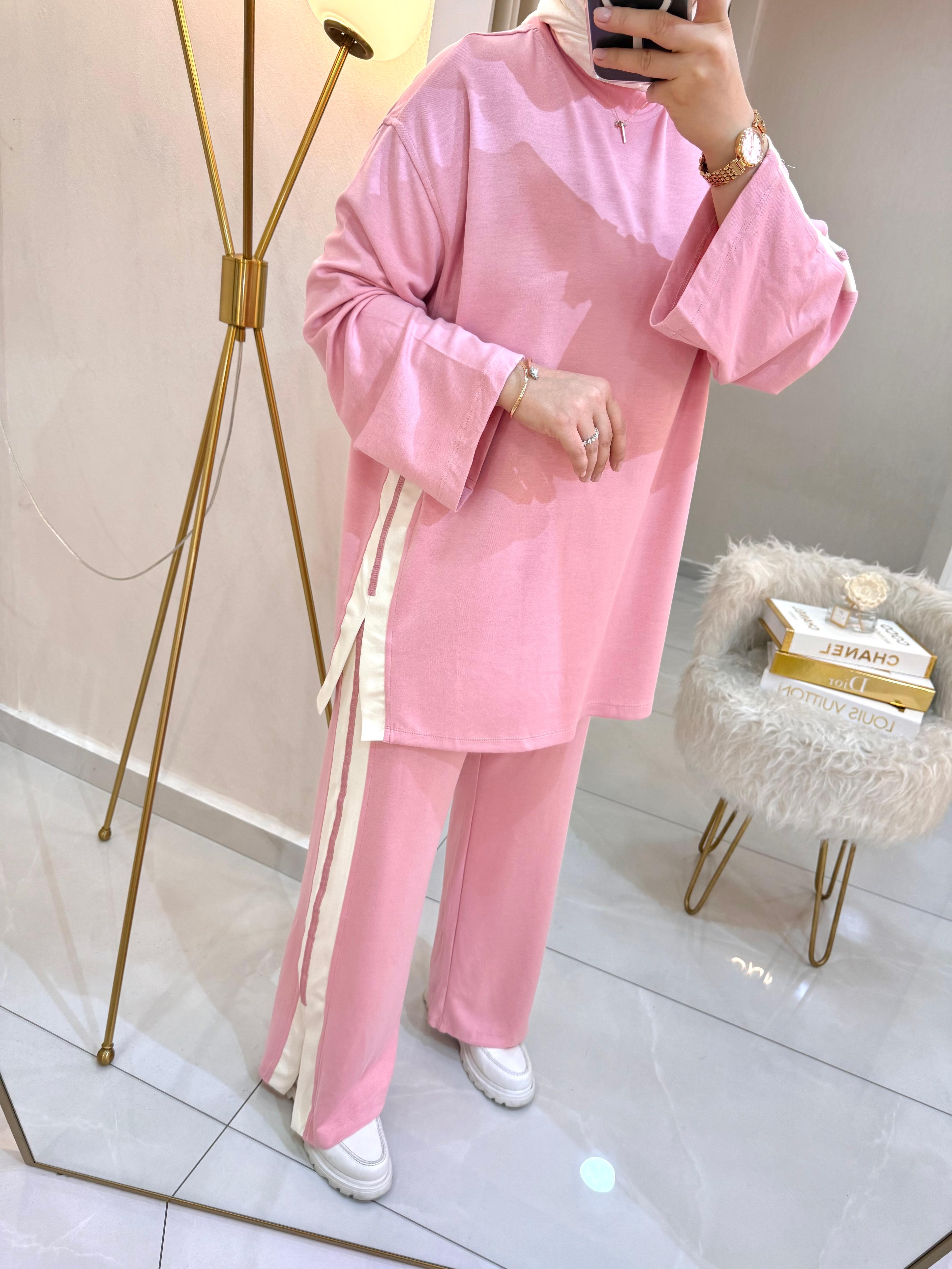 Kontrast Garni Detaylı Takım Pembe